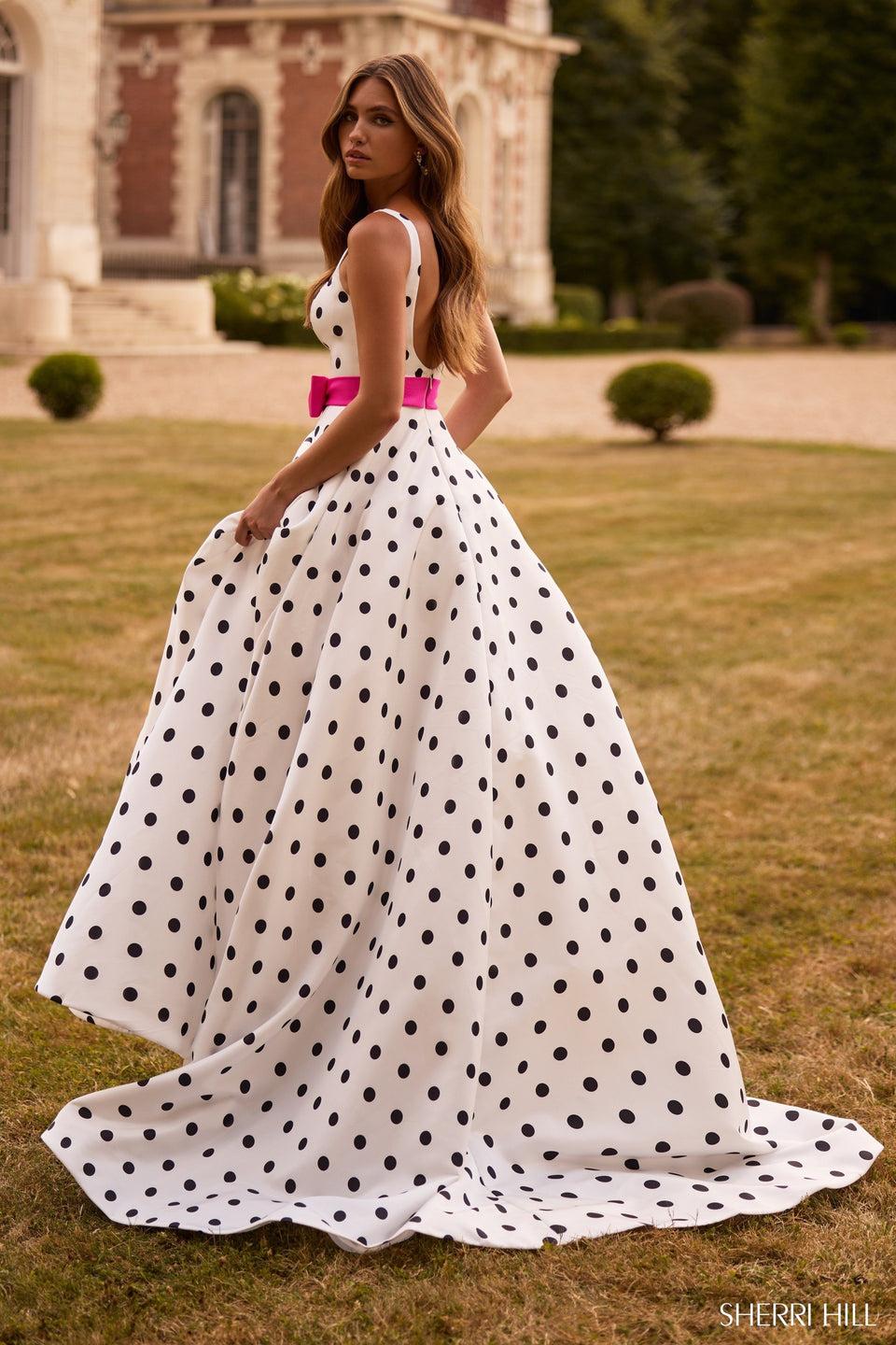 Sherri Hill Polka Dot A-line Gown With Bow Belt