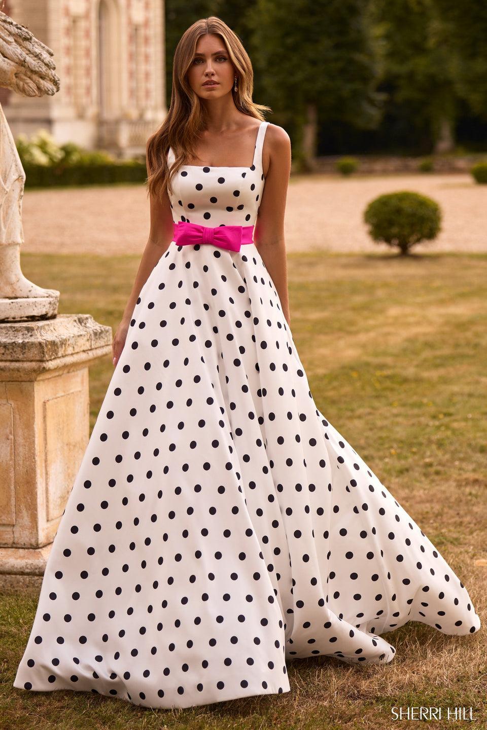 sherri hill Polka dot A-line gown with bow belt