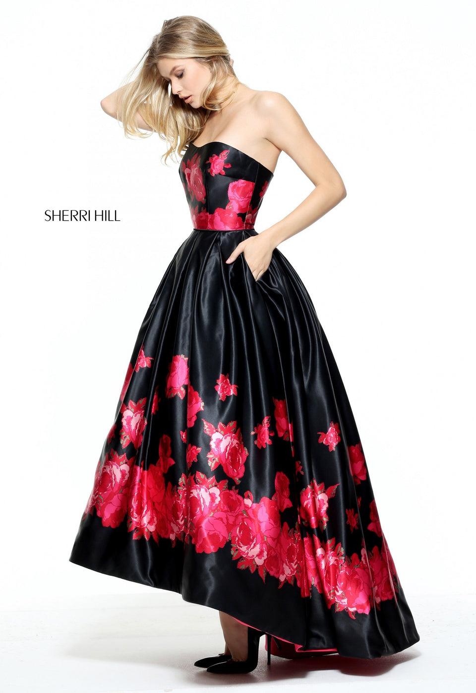 Sherri Hill Satin Floral Print Audrey Length Gown