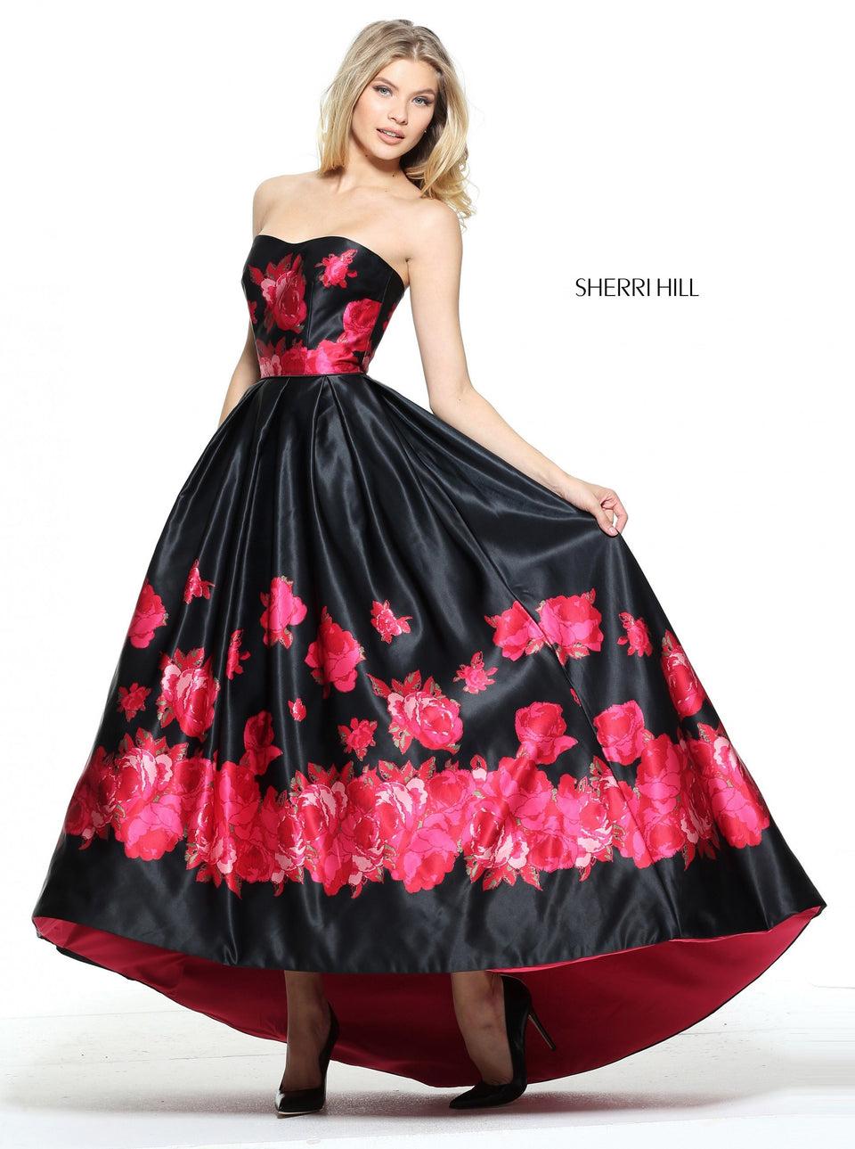Sherri Hill Satin Floral Print Audrey Length Gown