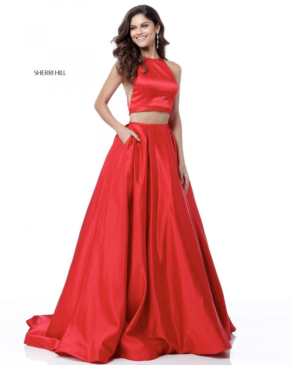 Sherri Hill Satin Two Piece Ball Gown With Pockets