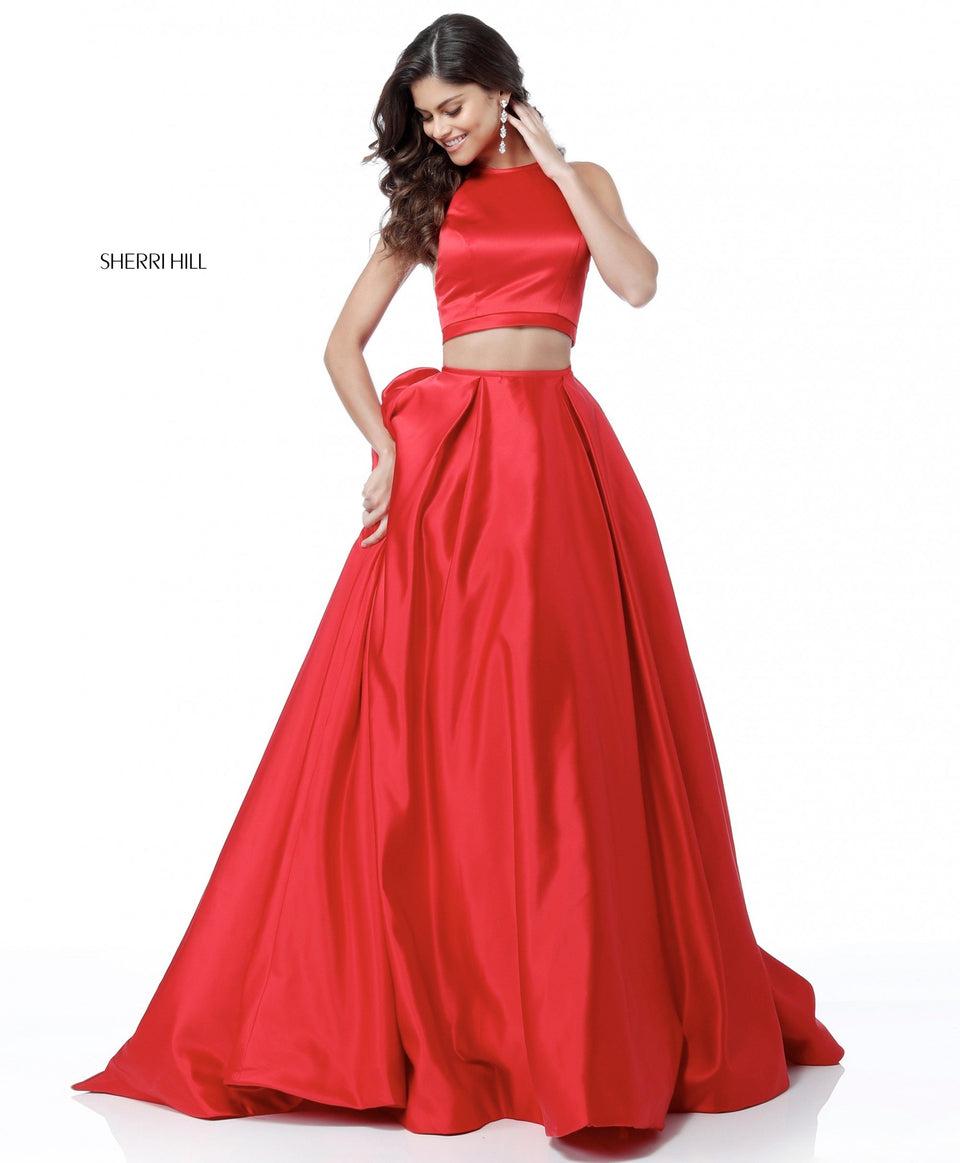 Sherri Hill Satin Two Piece Ball Gown With Pockets