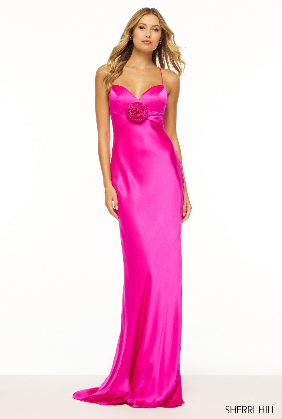 sherri hill Silk gown with a rosette on neckline