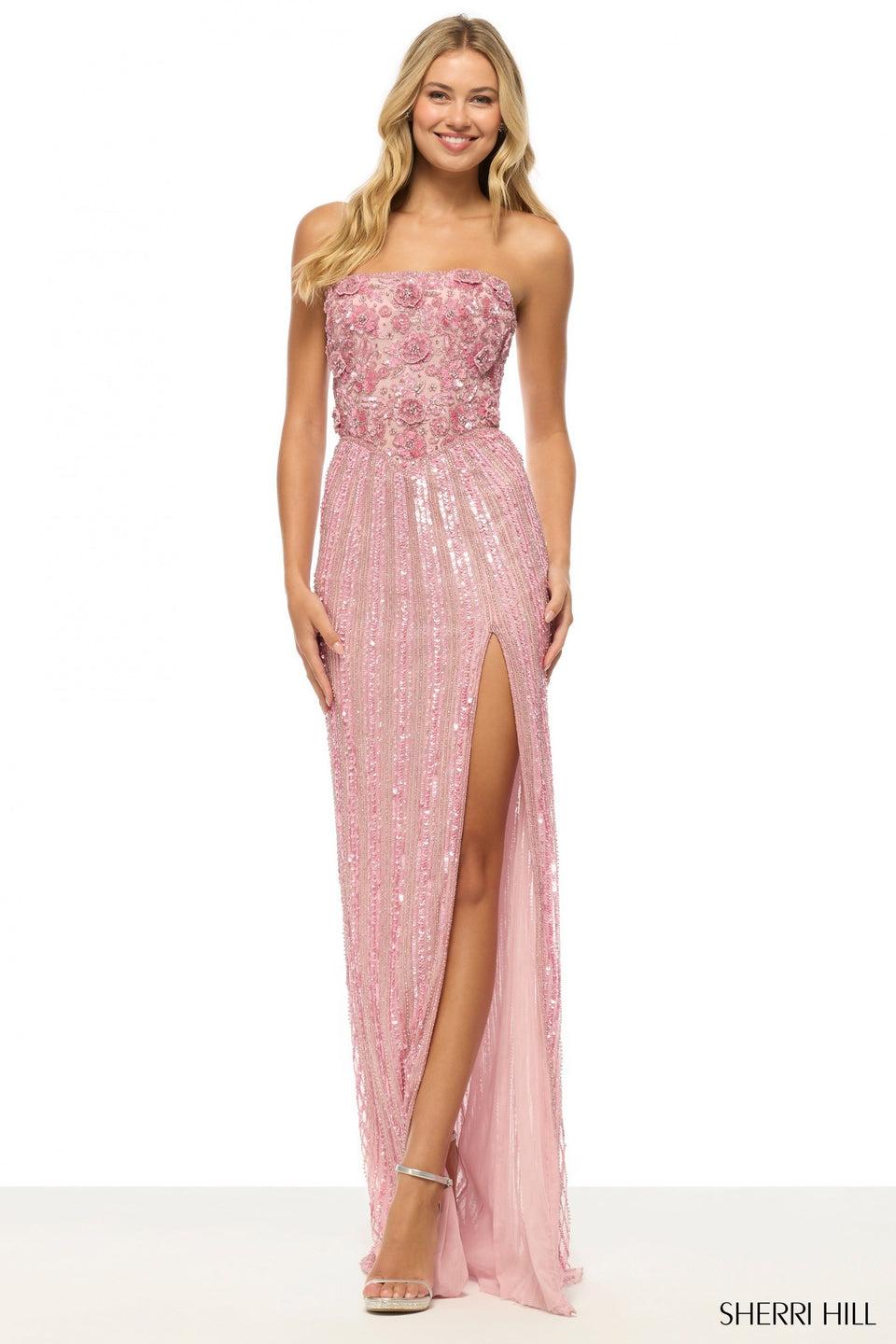 sherri hill Strapless beaded gown with skirt slit