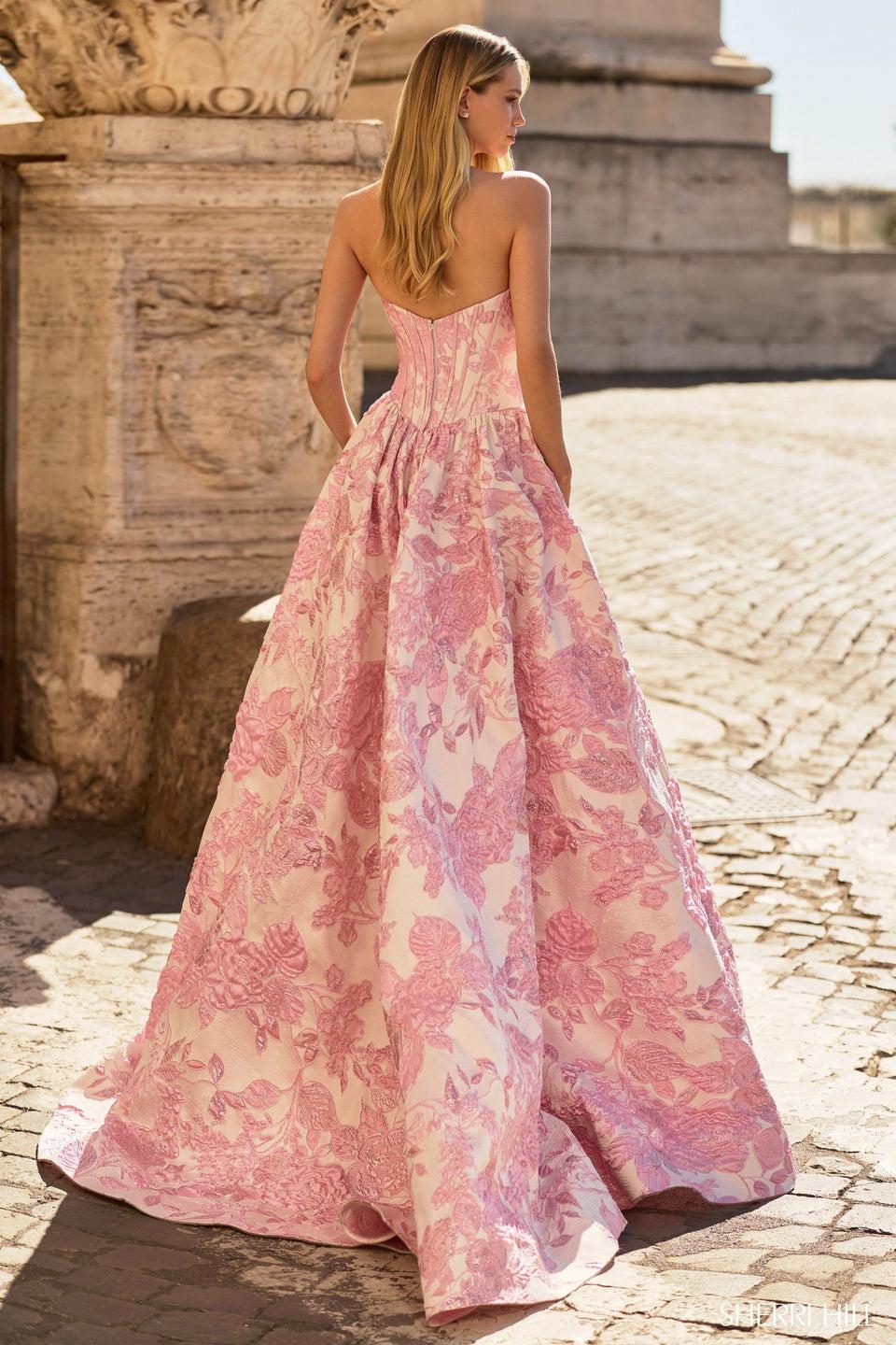 Sherri Hill Strapless Brocade Gown With Skirt Slit