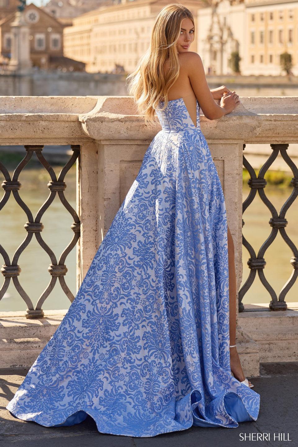 Sherri Hill Strapless Brocade Gown With Skirt Slit