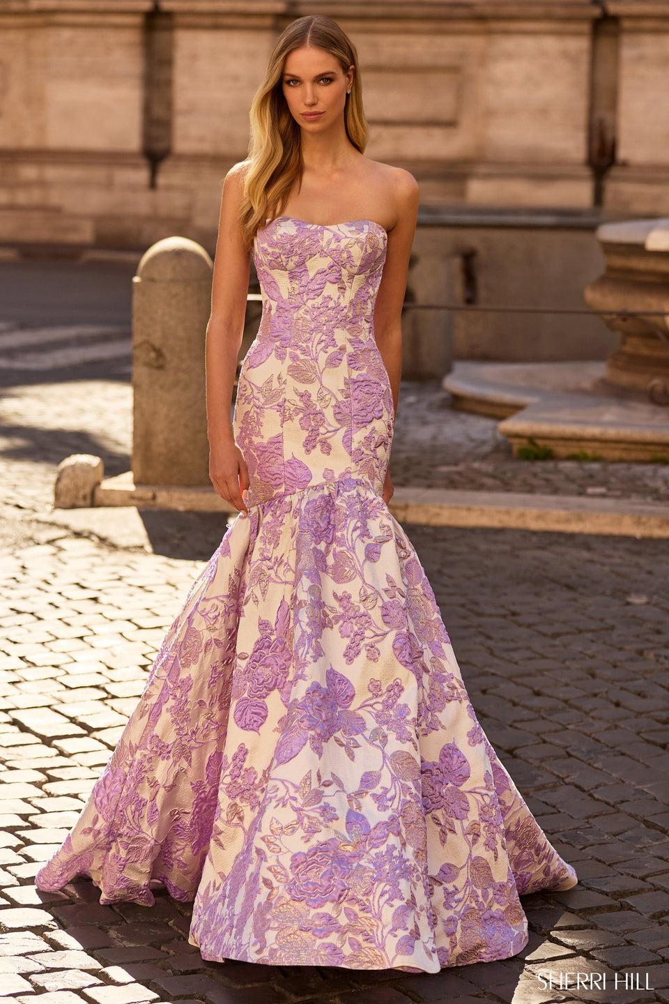 sherri hill Strapless brocade mermaid gown