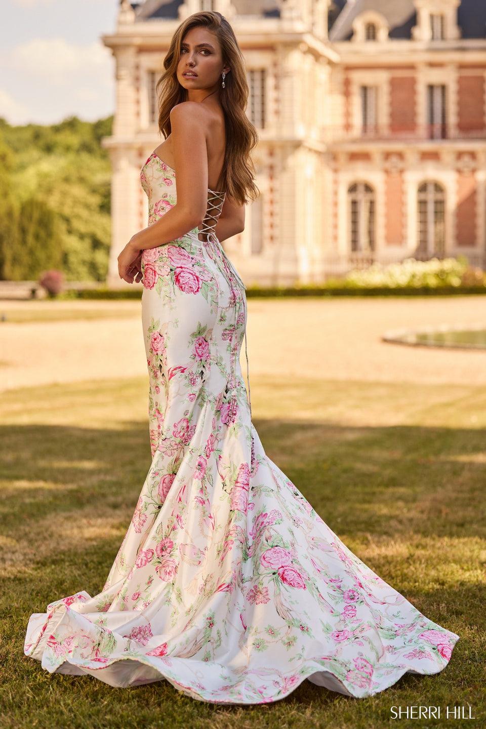 Sherri Hill Strapless Floral Gown