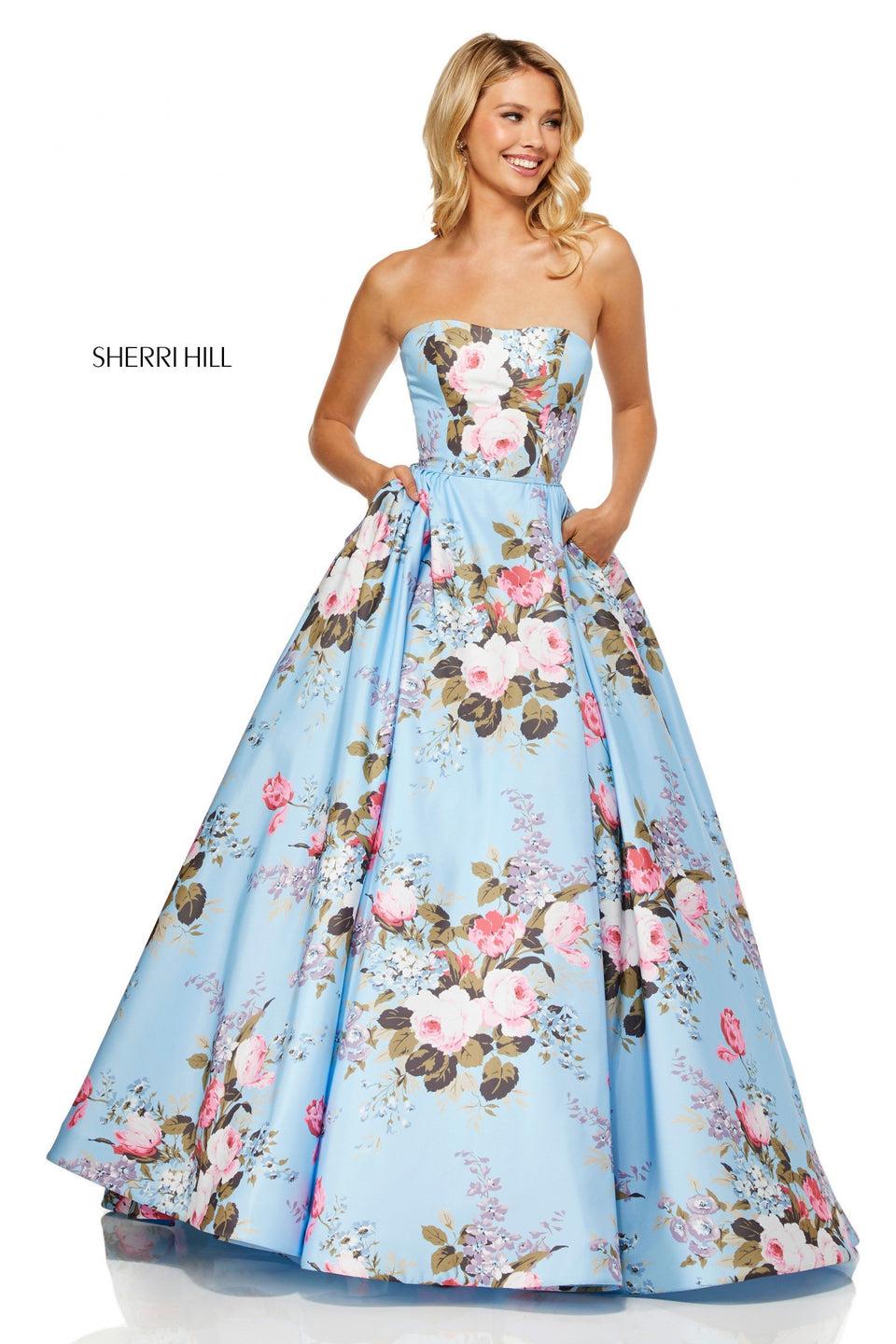 sherri hill Strapless floral print ball gown