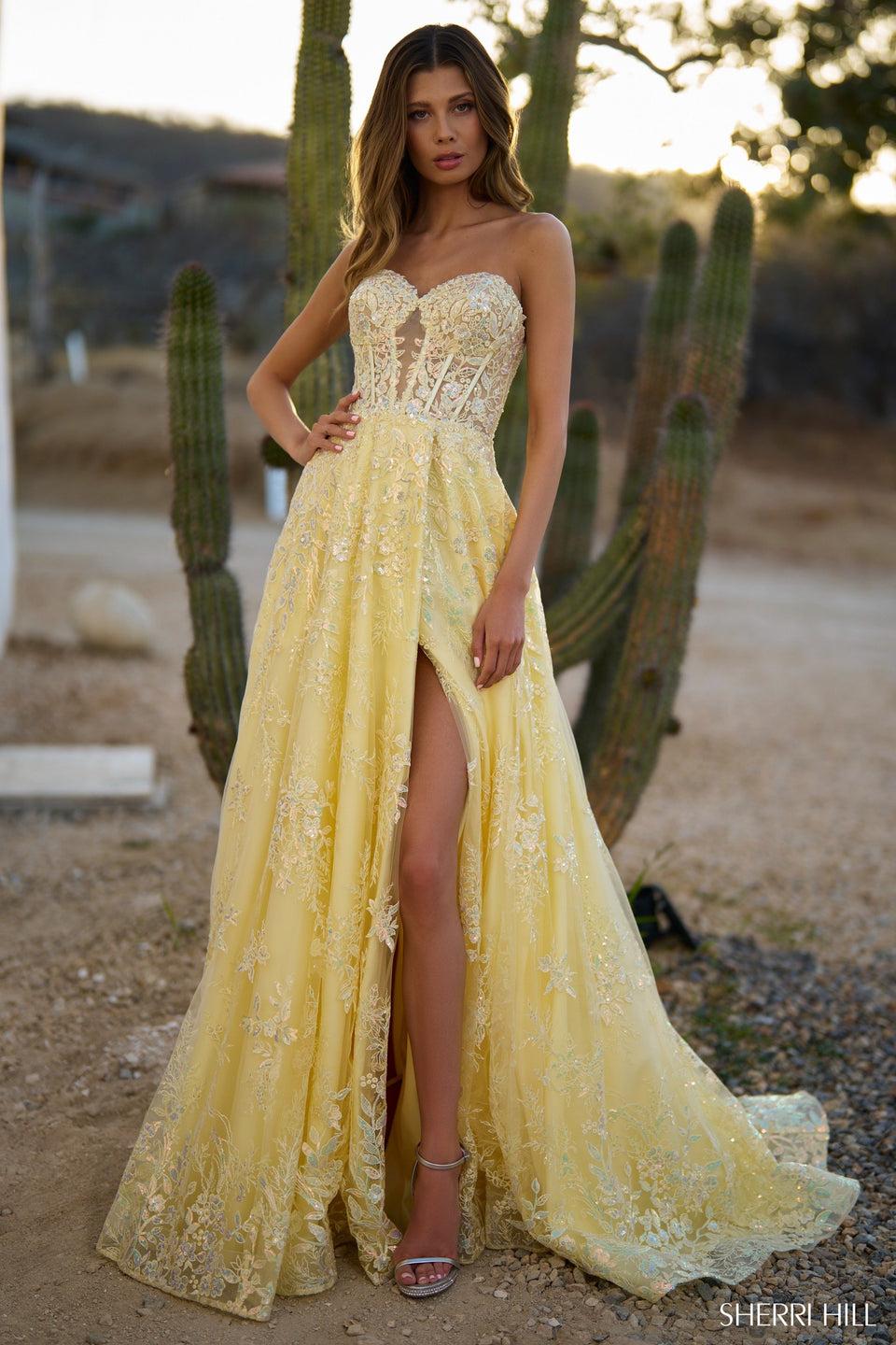 Sherri Hill Strapless Lace Gown With Skirt Slit