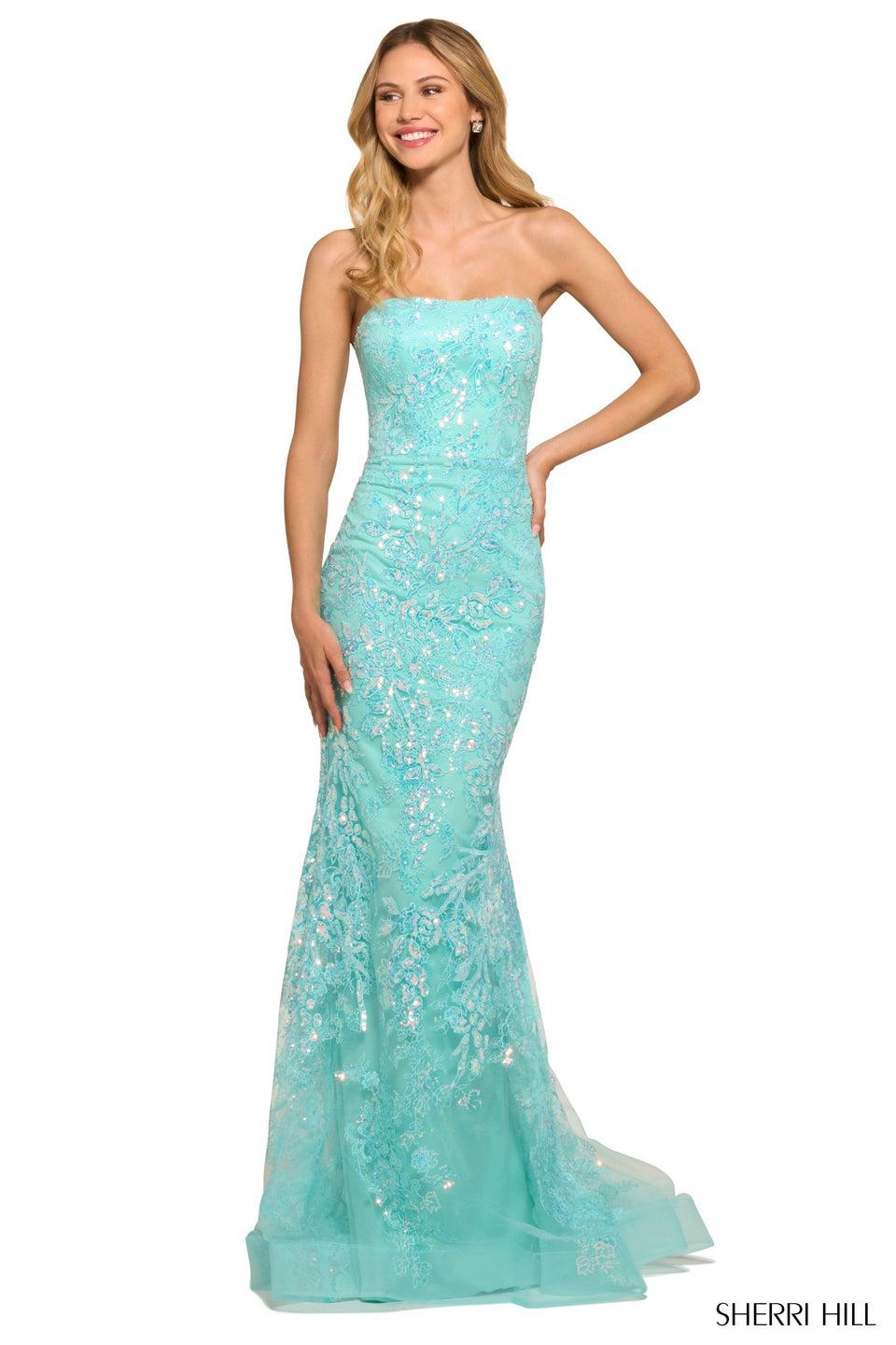 sherri hill Strapless sequin lace fitted gown