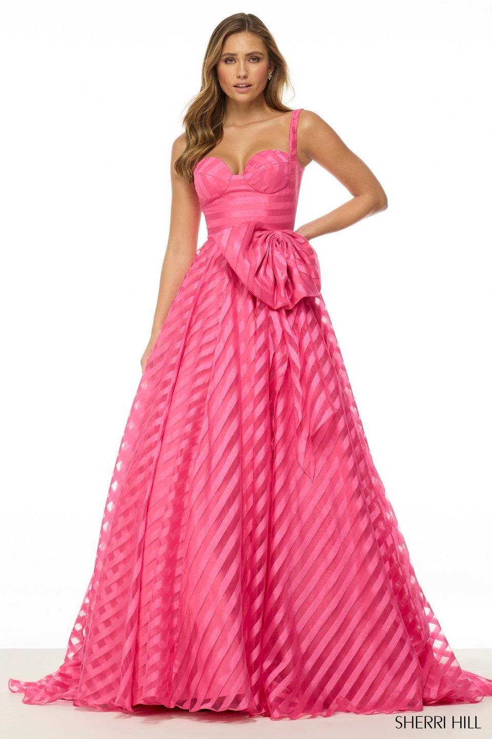 sherri hill Striped organza ballgown with bow
