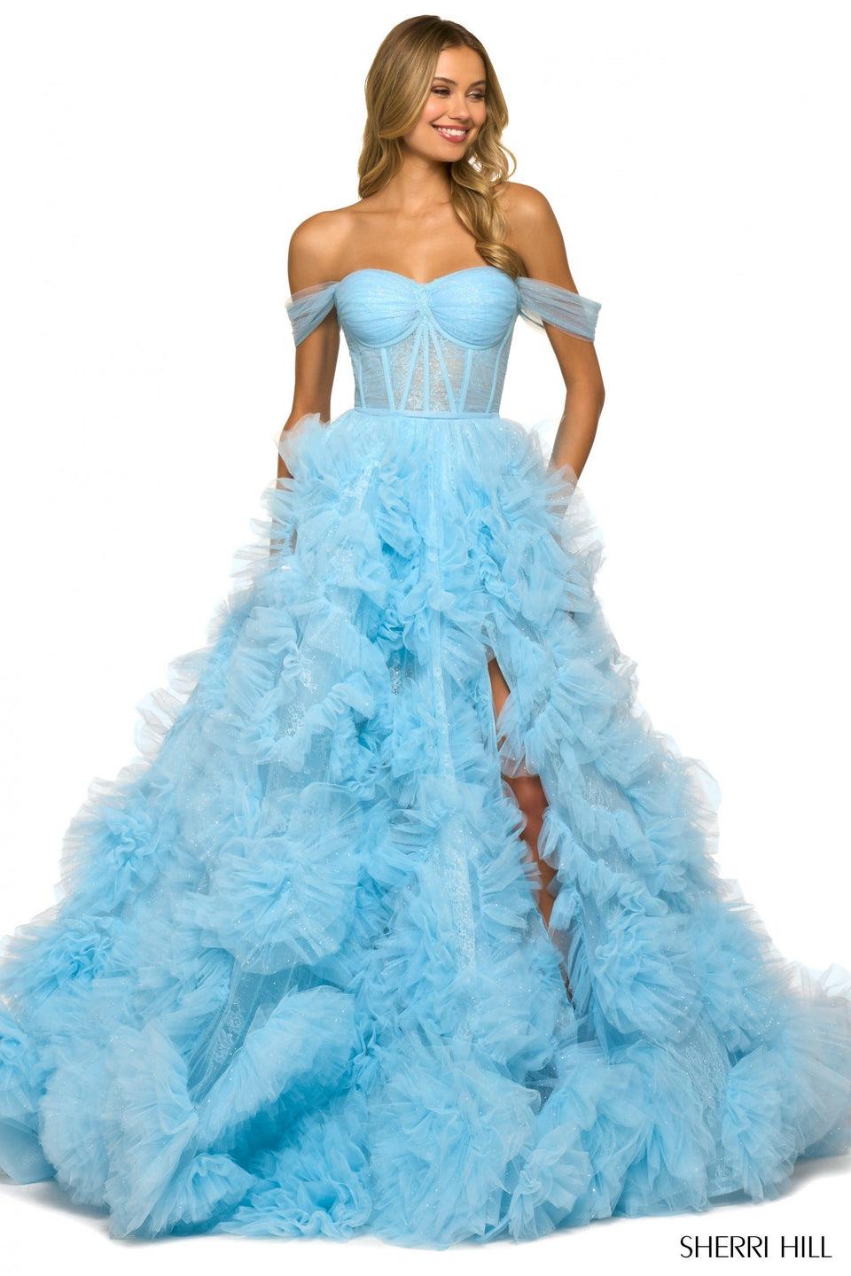 Sherri Hill Shimmer Tulle Ballgown With Corset Bodice Off The Shoulder Sleeves High Slit And Ruffle Skirt