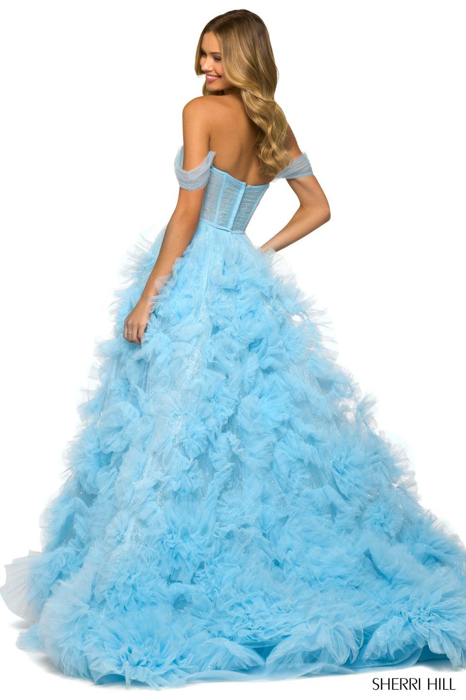 Sherri Hill Shimmer Tulle Ballgown With Corset Bodice Off The Shoulder Sleeves High Slit And Ruffle Skirt