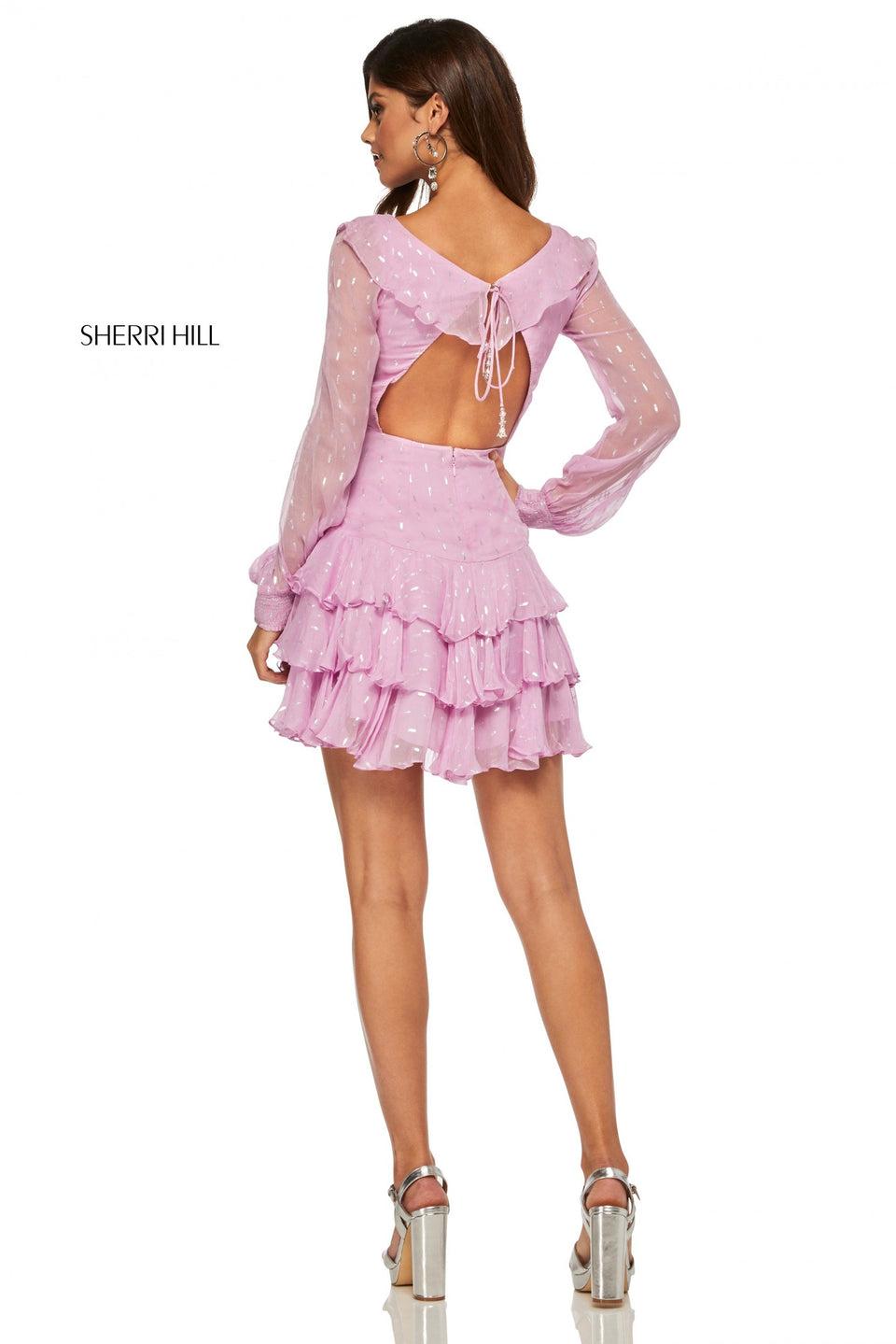 Sherri Hill Short Metallic Print Chiffon Ruffle Dress With Long Sleeves And Open Back