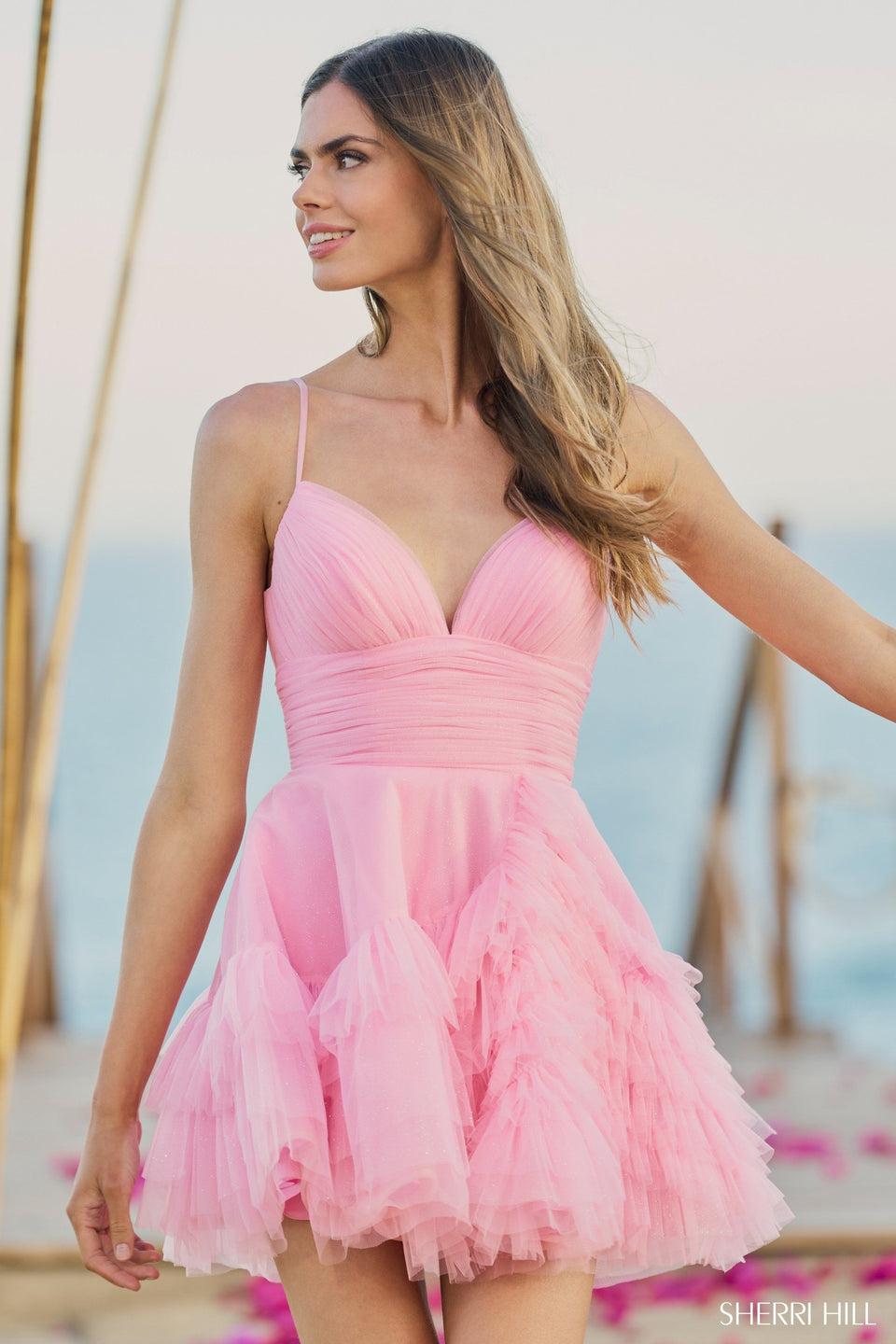 Sherri Hill Short Ruffle Tulle Dress With Spaghetti Straps