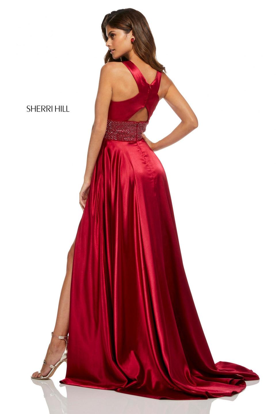 Sherri Hill Silk Charmeuse Gown With A Criss Cross Halter And Beaded Waist Band