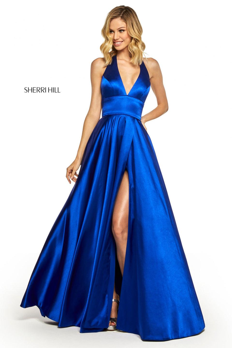 Sherri Hill Silk Charmeuse Gown With A Halter Deep-V Bodice And Slit Skirt