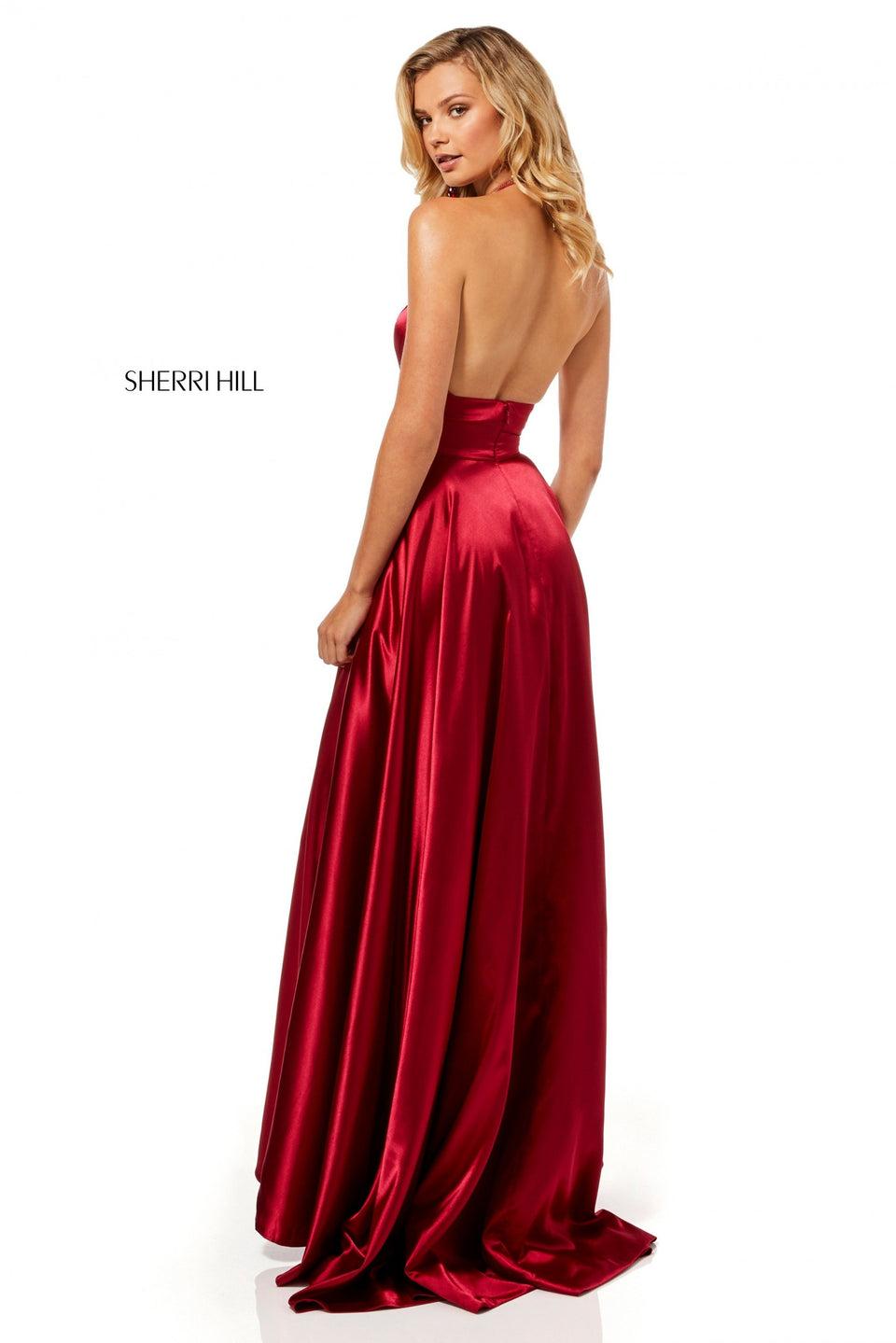 Sherri Hill Silk Charmeuse Gown With A Halter Deep-V Bodice And Slit Skirt