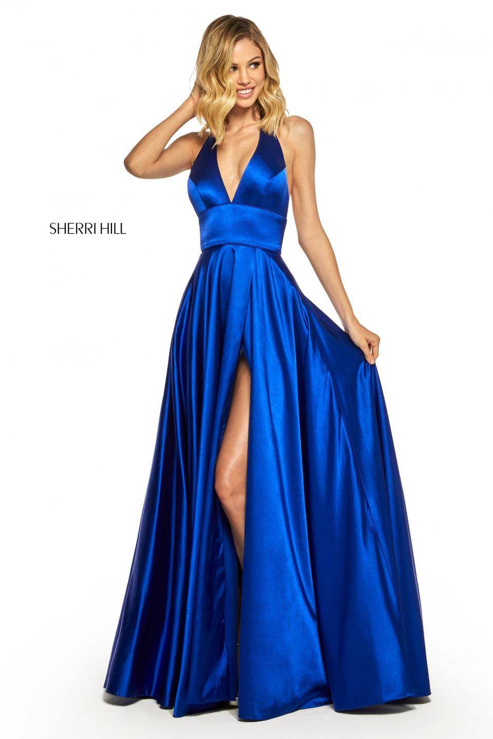 sherri hill Silk charmeuse gown with a halter deep-V bodice and slit skirt