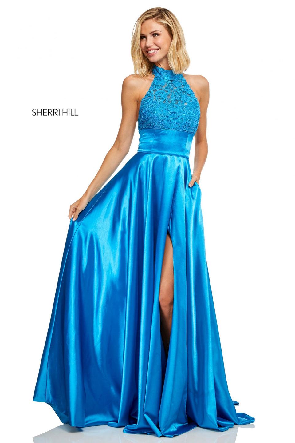 Sherri Hill Silk Charmeuse Gown With A High Neck Lace Bodice And A Slit In The Skirt