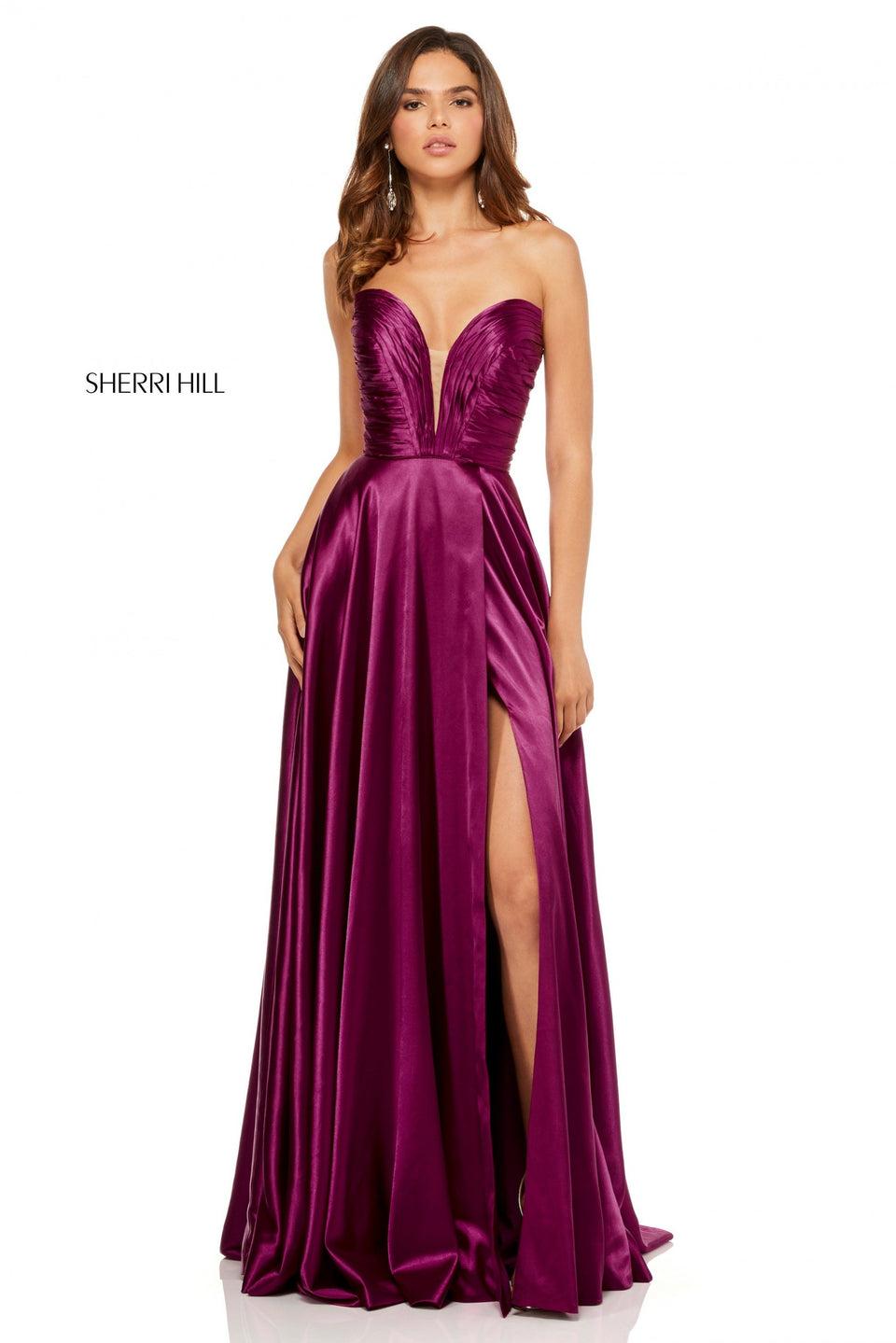 sherri hill Silk charmeuse gown with a ruched bodice and strapless plunging neckline