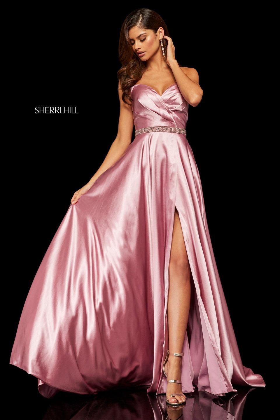sherri hill Silk charmeuse gown with a strapless sweetheart bodice and beaded waist band