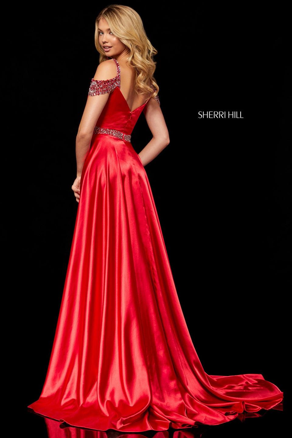 Sherri Hill Silk Charmeuse Gown With A Sweetheart Neckline With Beaded Off The Shoulder Straps And Waistband