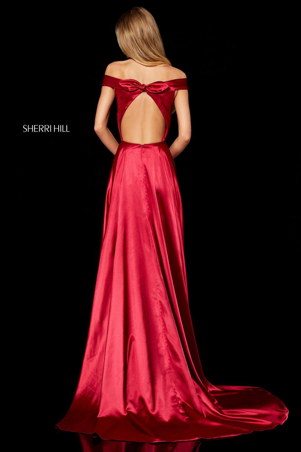 Sherri Hill Silk Charmeuse Gown With Off-the-shoulder Neck Slit Skirt And Open Back With Bow