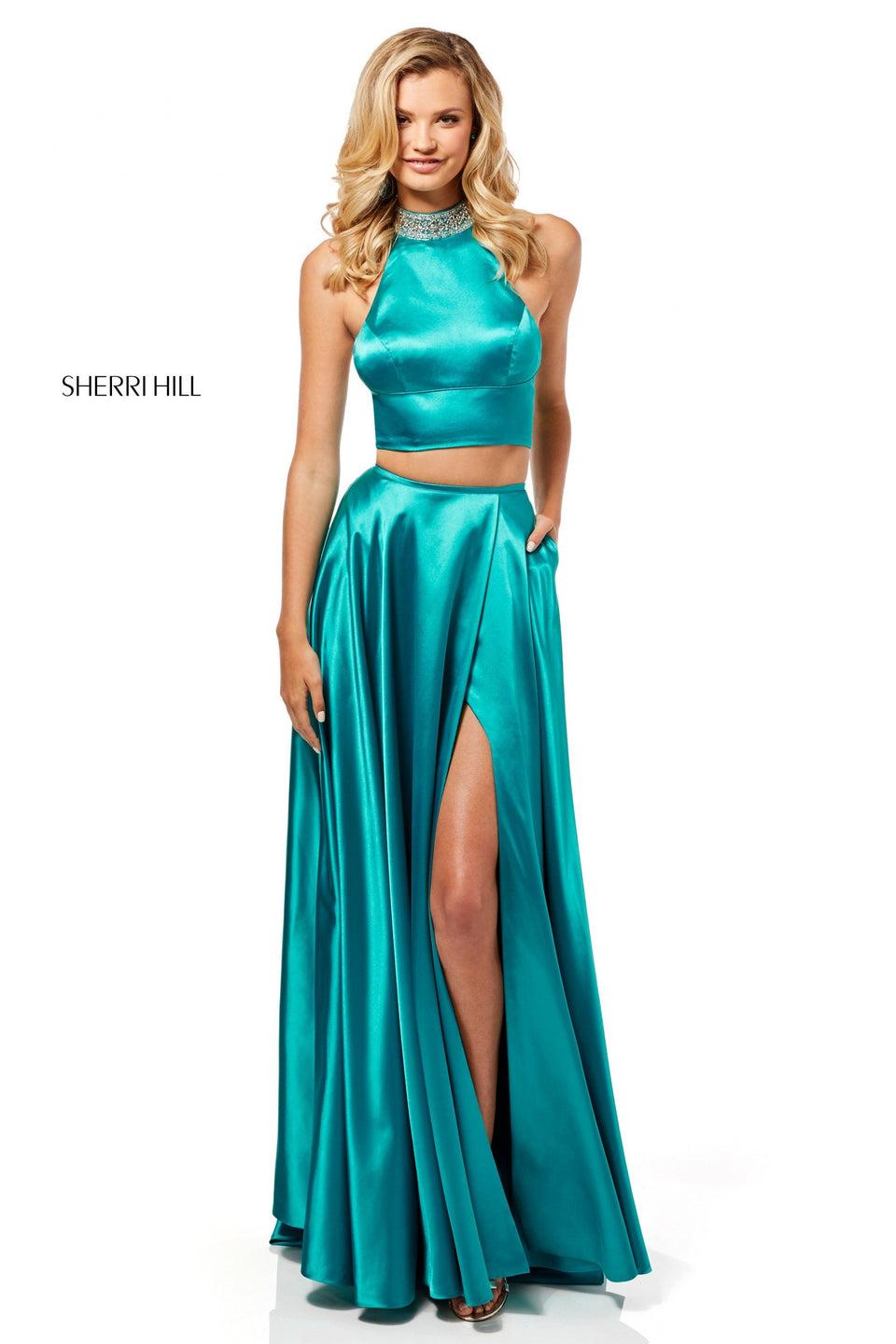 sherri hill Silk charmeuse two-piece with a high neck bodice and slit in the skirt