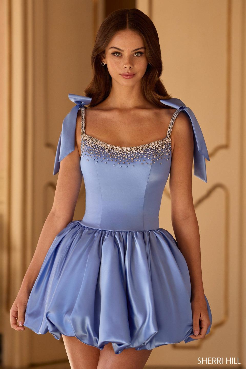 Sherri Hill Silk Cocktail Gown With Bows Bead Embellishments And A Bubble Skirt