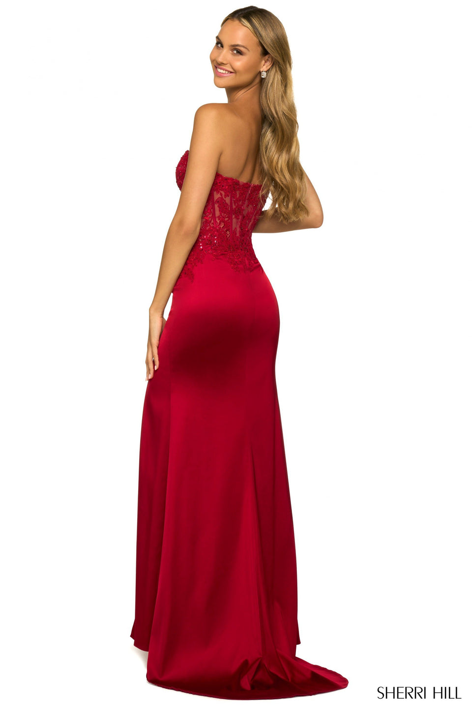 Sherri Hill Silk Fitted Gown With Sheer Lace Corset Bodice And High Slit
