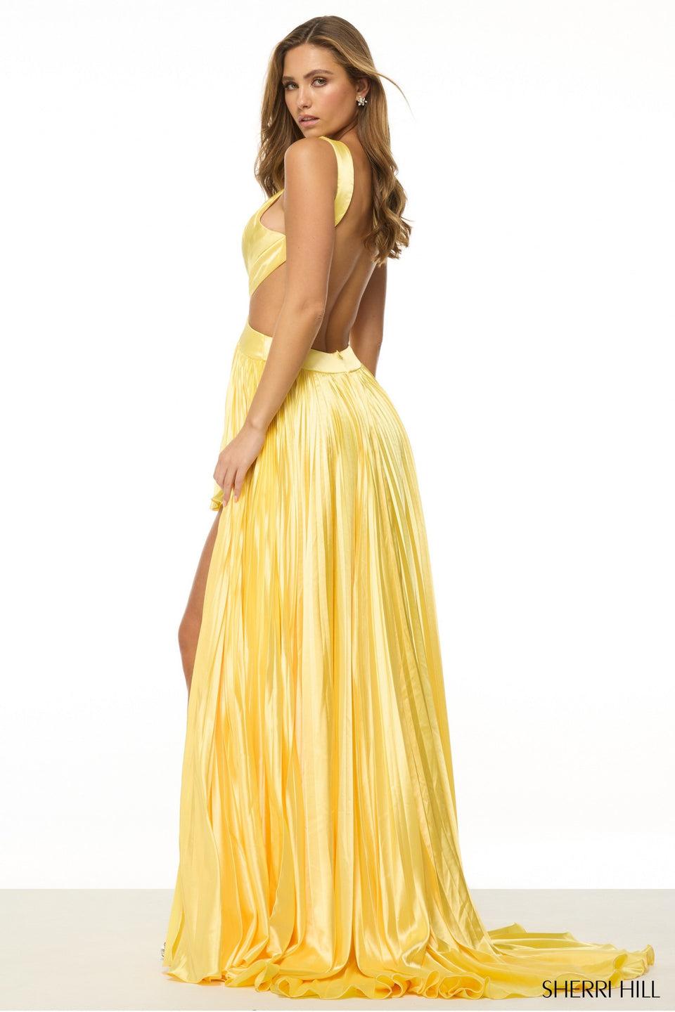 Sherri Hill Silk Halter Gown With Keyhole Side Cuts Open Back And A Skirt Slit