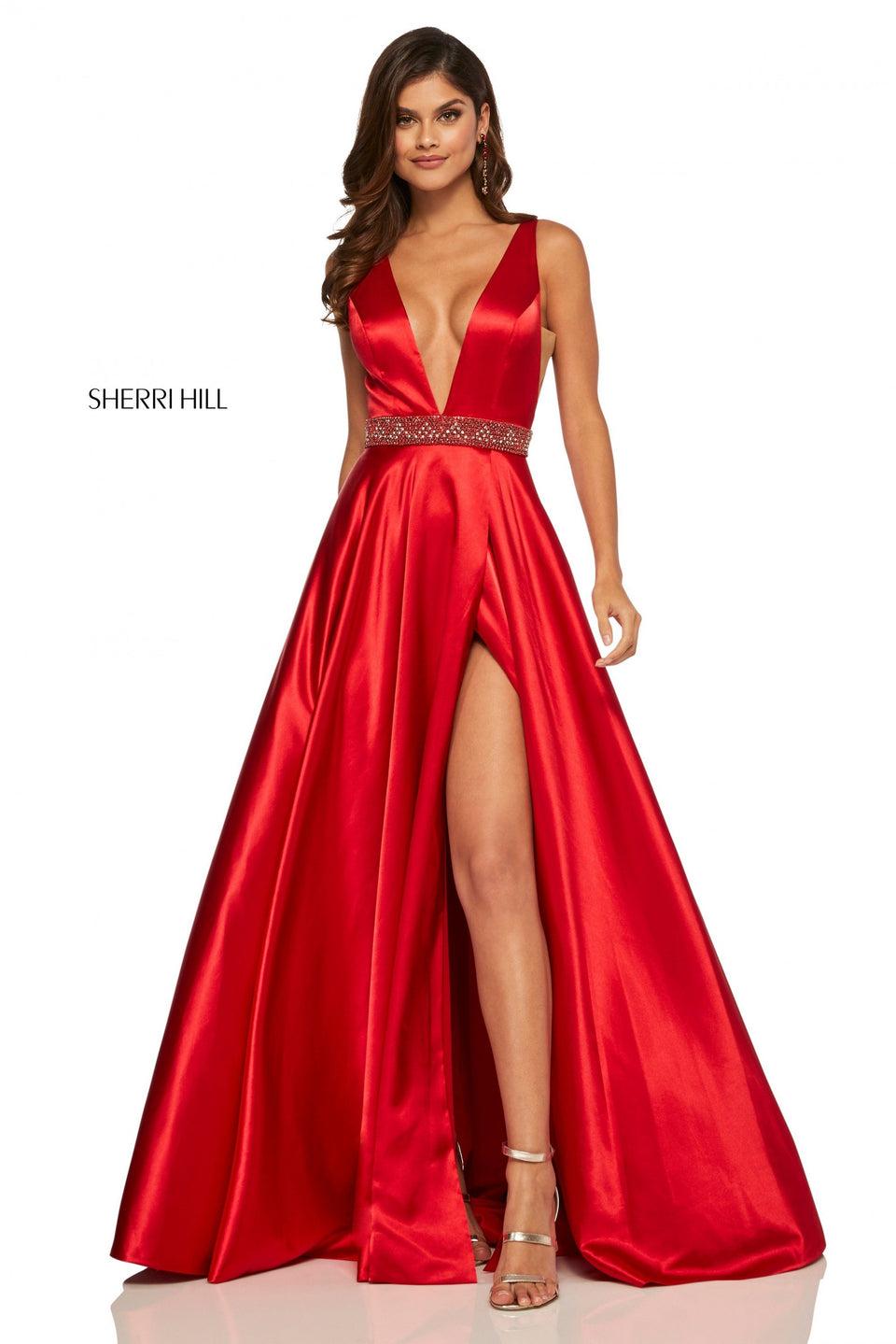 Sherri Hill Silk Satin Dress With Plunging Neckline Beaded Belt And Skirt Side Slit