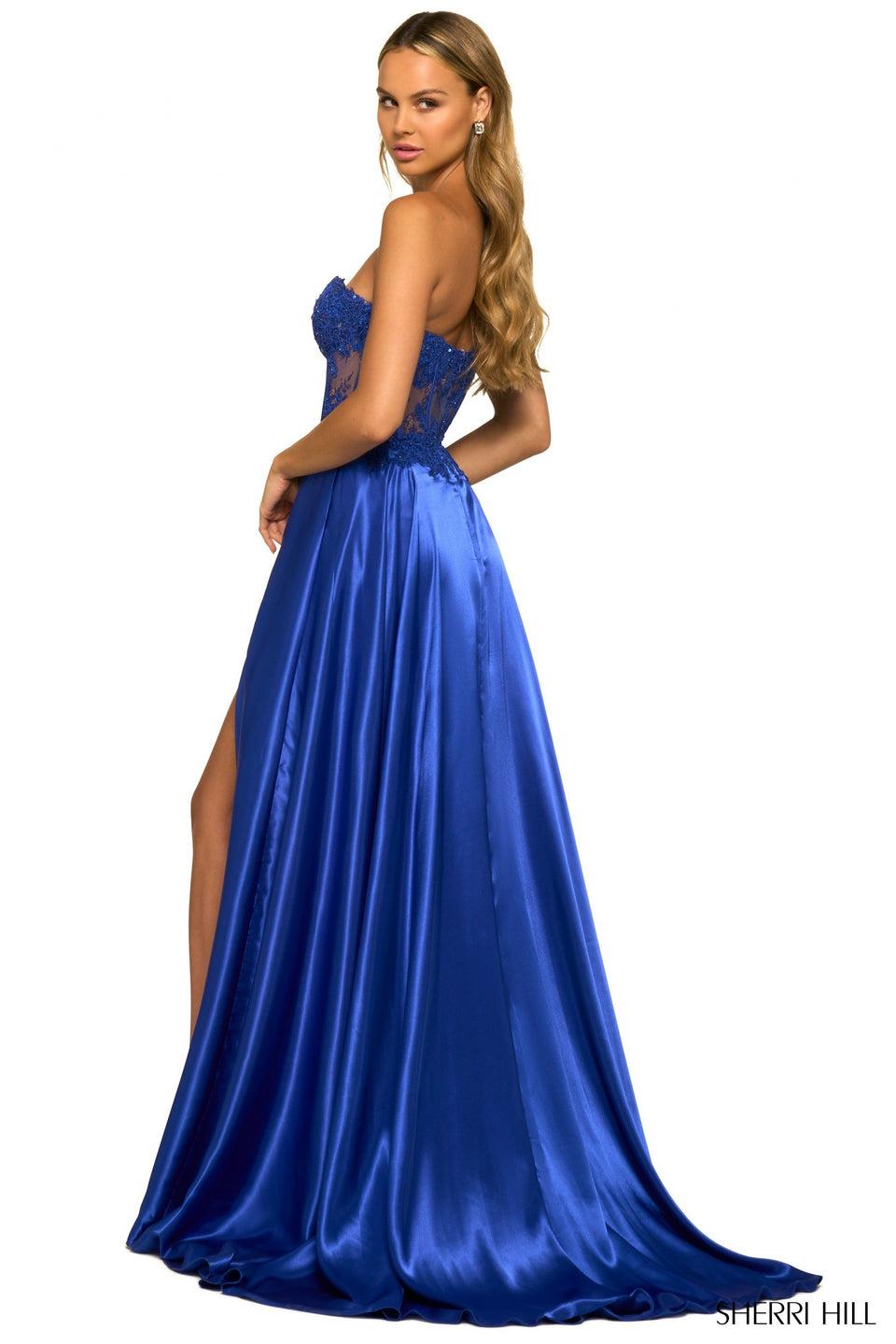 Sherri Hill Silk Strapless Gown With Sheer Corset Lace Bodice And Slit