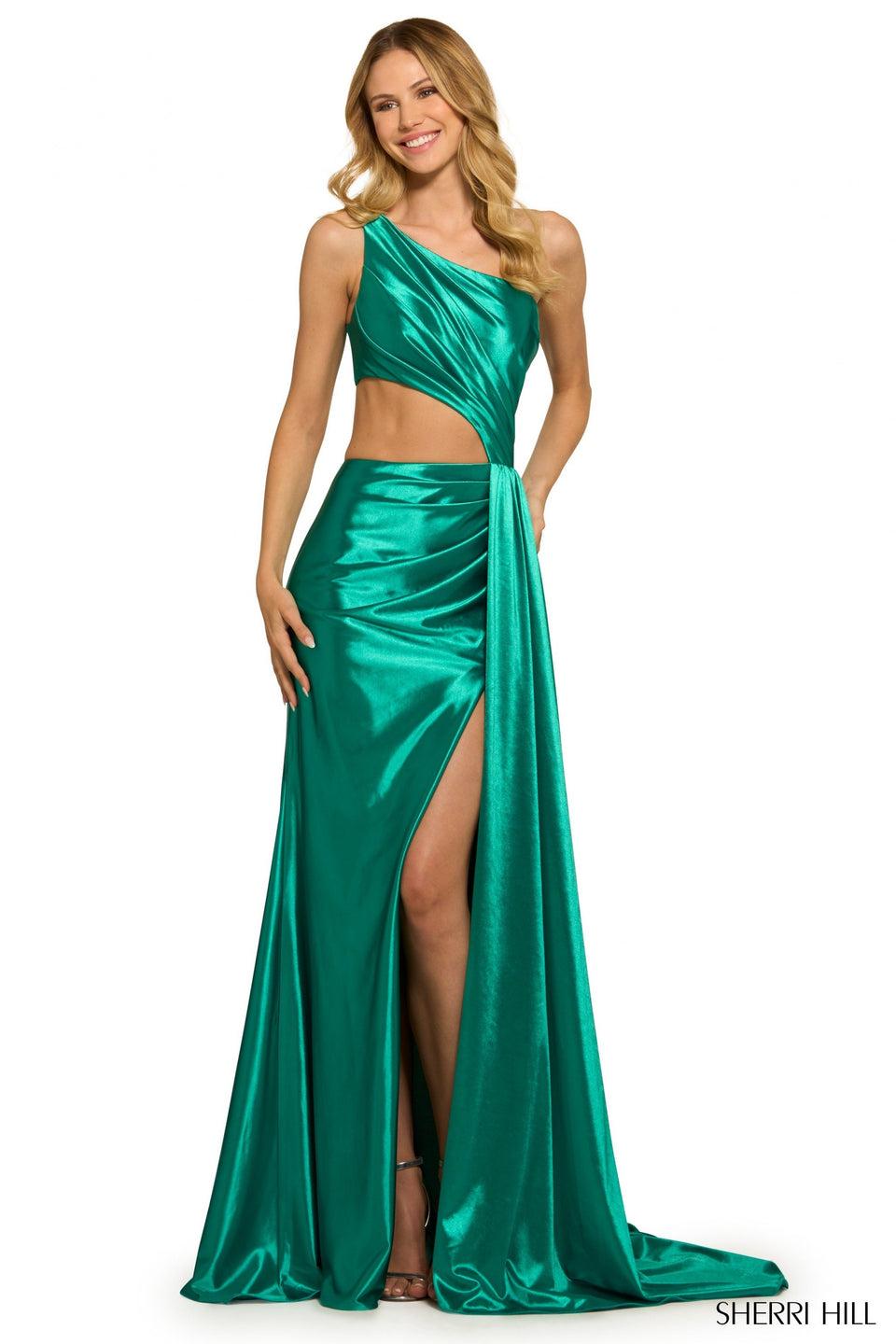 sherri hill Silky stretched one shoulder jersey gown with side cut slit and side cape