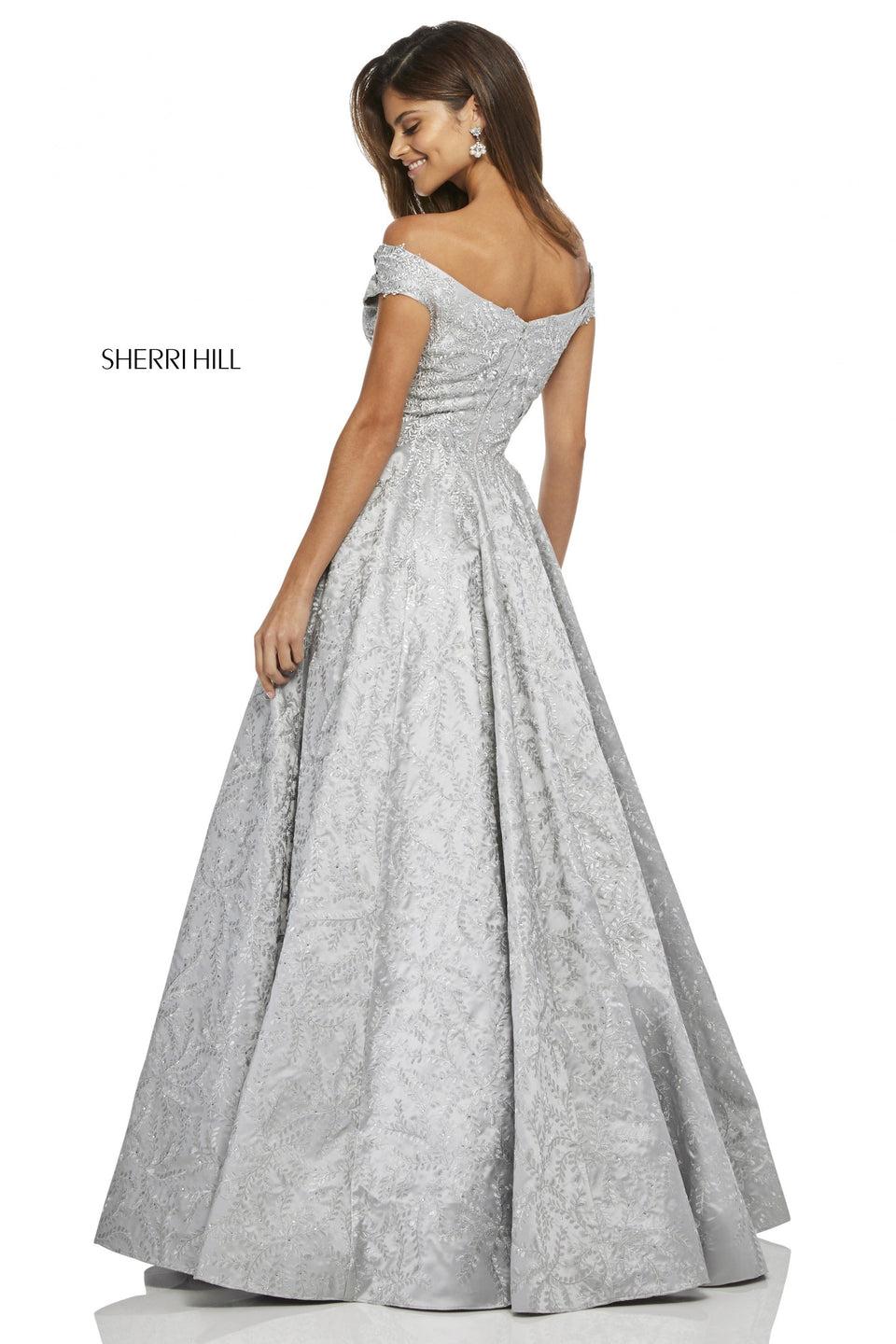 Sherri Hill Silver Brocade Ball Gown With Off The Shoulder Bodice