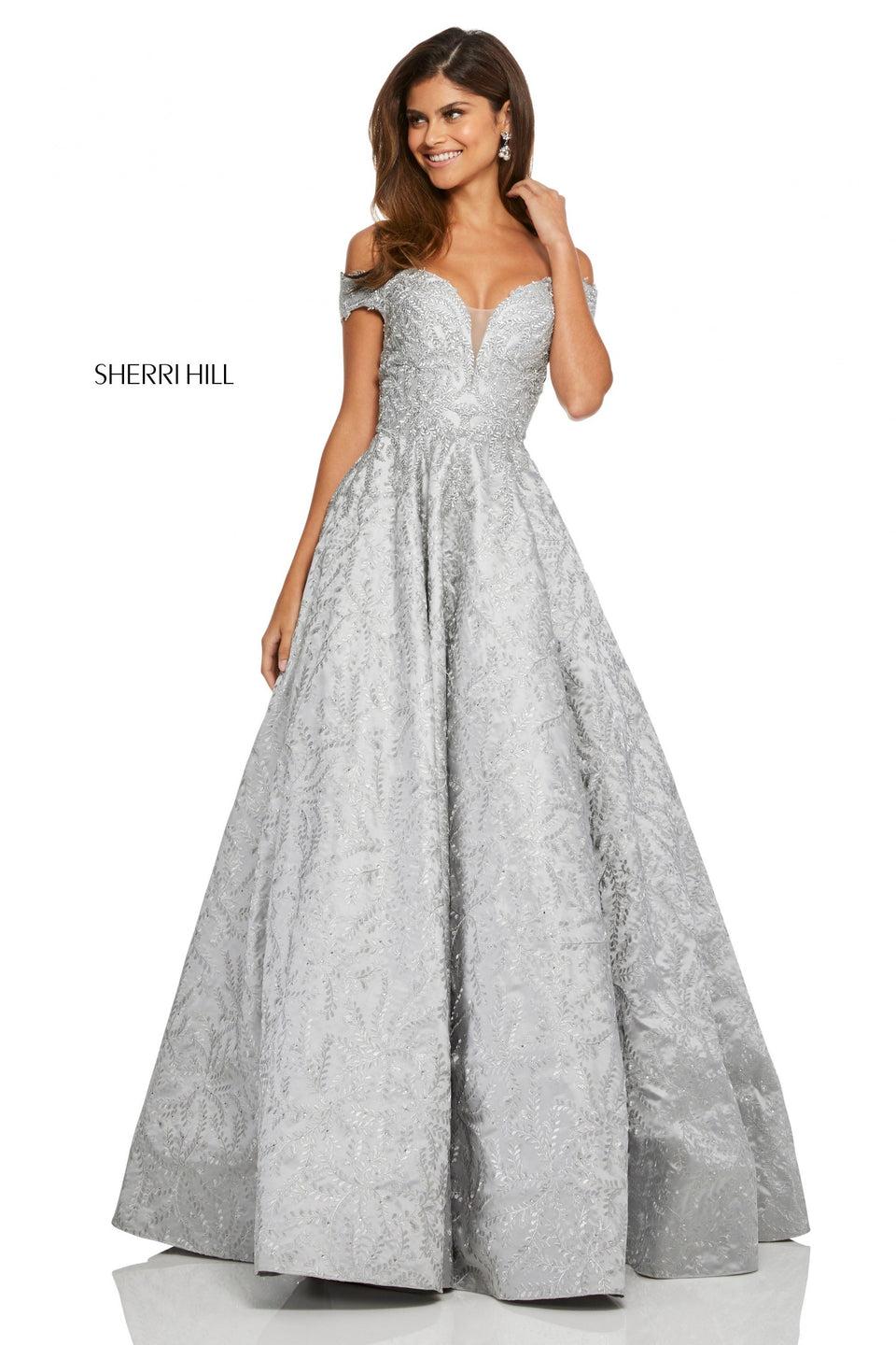sherri hill Silver brocade ball gown with off the shoulder bodice
