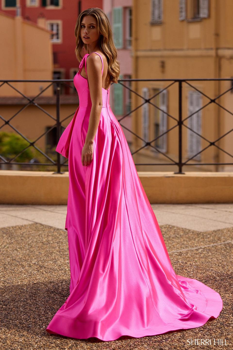 Sherri Hill Slinky Stretch A-Line Gown With Sweetheart Neckline Bow Straps And High Slit