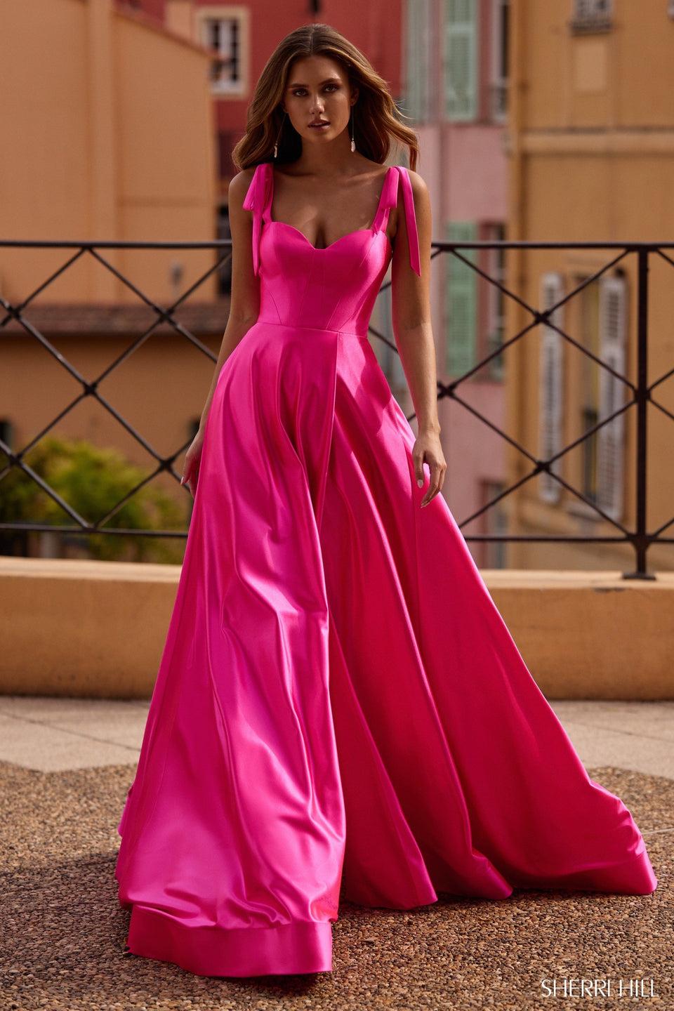 sherri hill Slinky stretch A-Line gown with sweetheart neckline bow straps and high slit