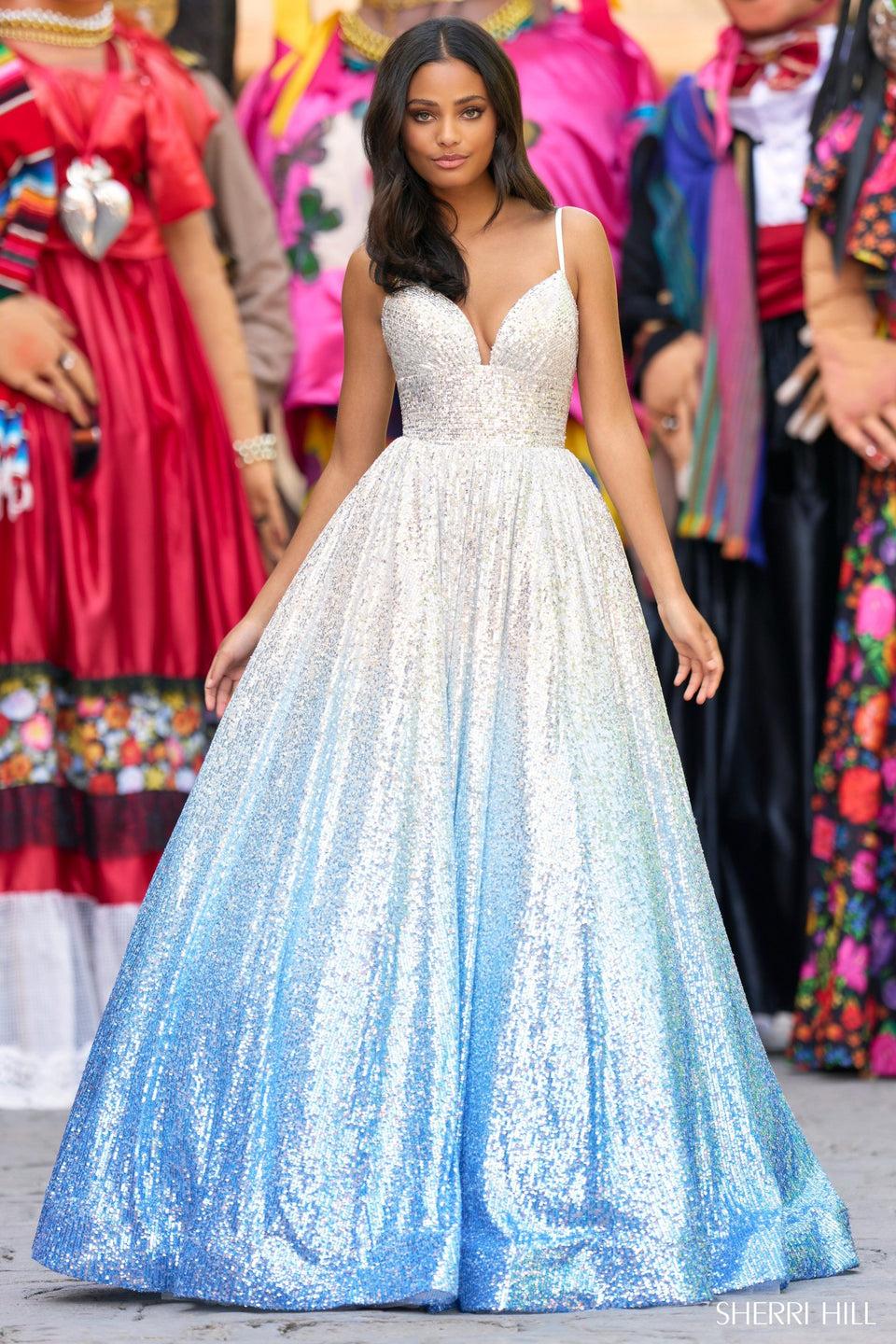 Sherri Hill Soft Ombre Sequin Ball Gown With Sweetheart Neckline And Crochet Style Lace Up Back