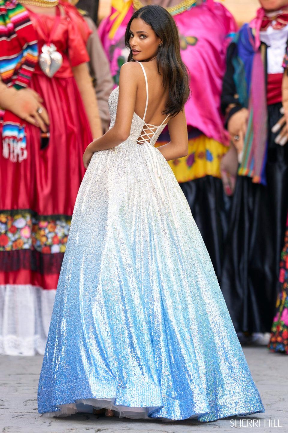 Sherri Hill Soft Ombre Sequin Ball Gown With Sweetheart Neckline And Crochet Style Lace Up Back