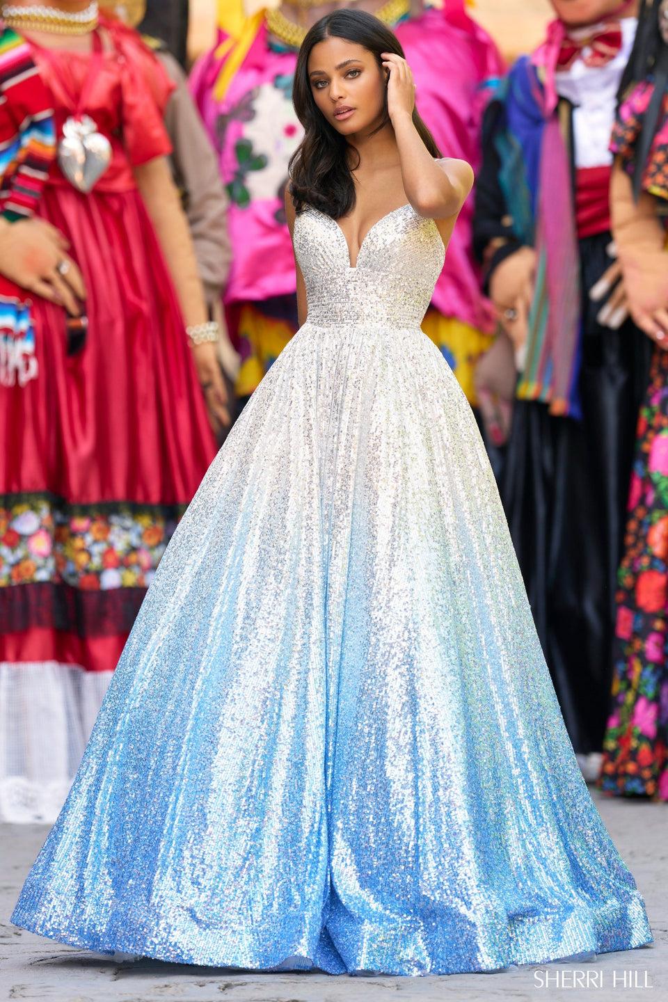 sherri hill Soft ombre sequin ball gown with sweetheart neckline and crochet style lace up back