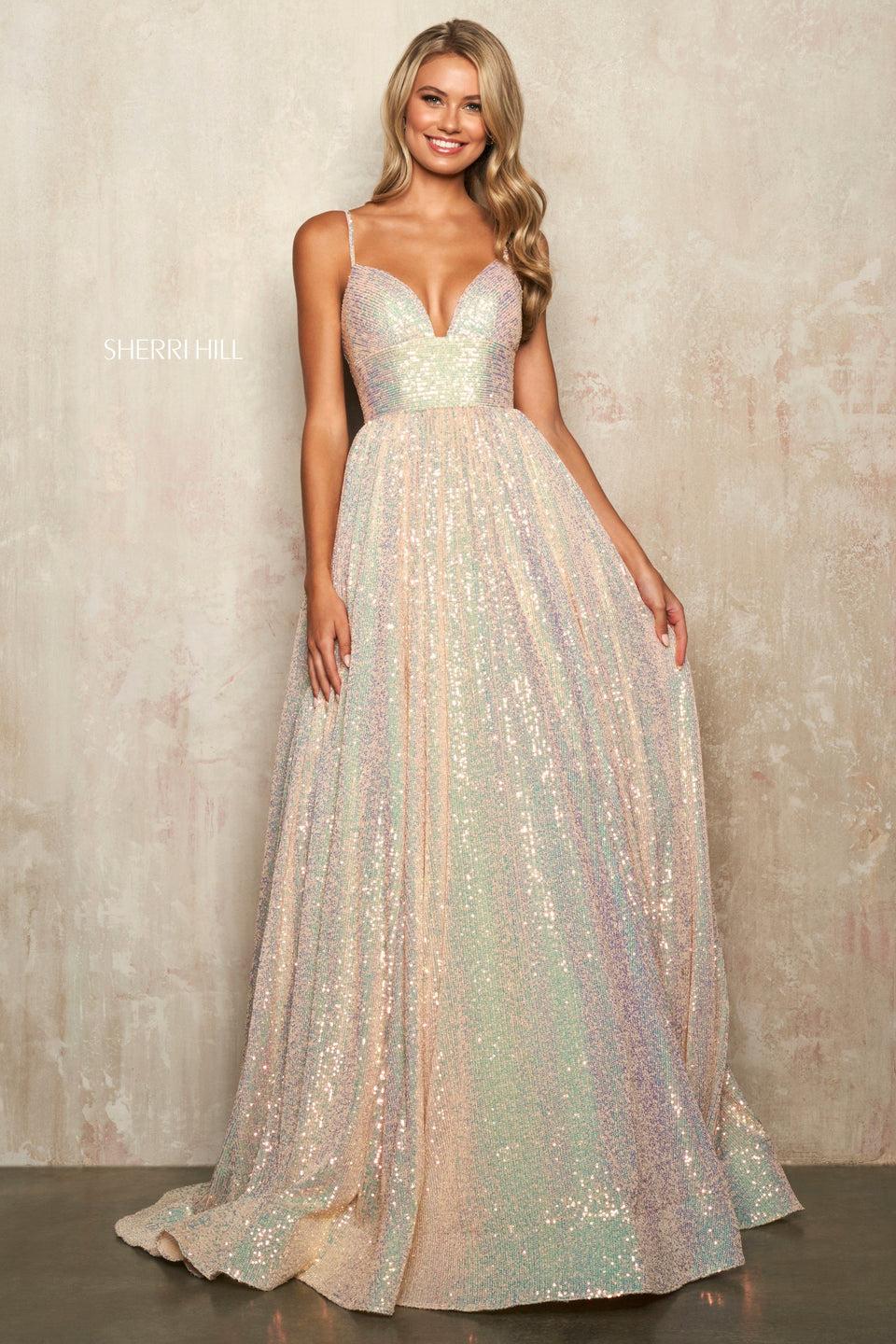 Sherri Hill Soft Sequin Ball Gown With Sweetheart Neckline And Crochet Style Lace Up Back