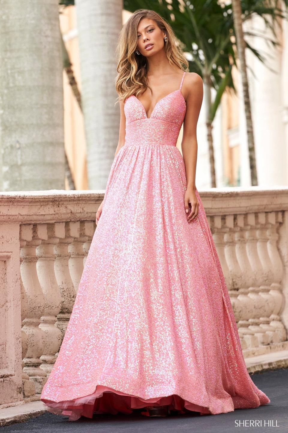 sherri hill Soft sequin ball gown with sweetheart neckline and crochet style lace up back