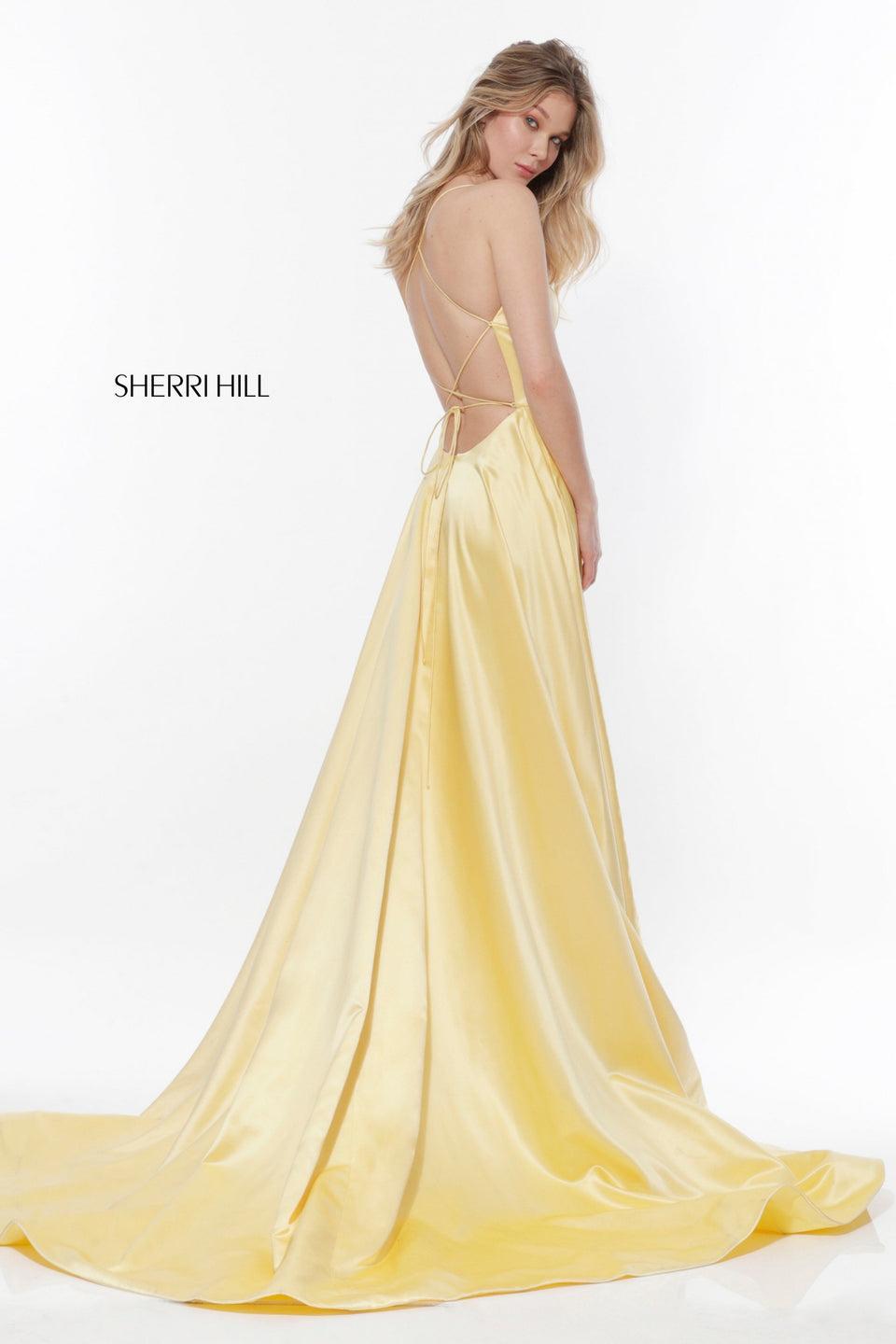 Sherri Hill Spaghetti Strap Charmeuse Gown With A Criss Cross Lace Up Back And A Side Slit