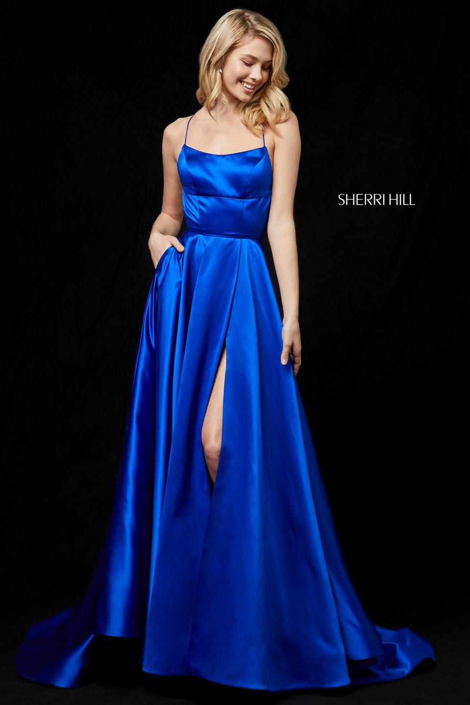 sherri hill Spaghetti strap charmeuse gown with a criss cross lace up back and a side slit