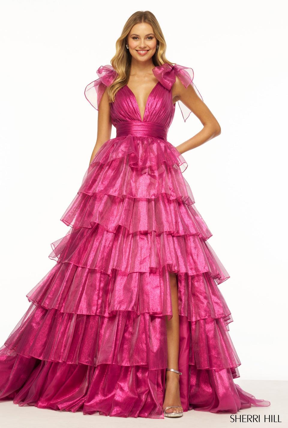 Sherri Hill Sparkle LamÃ© Ball Gown With Ruffle Skirt Bow Embellished Straps And Skirt Slit