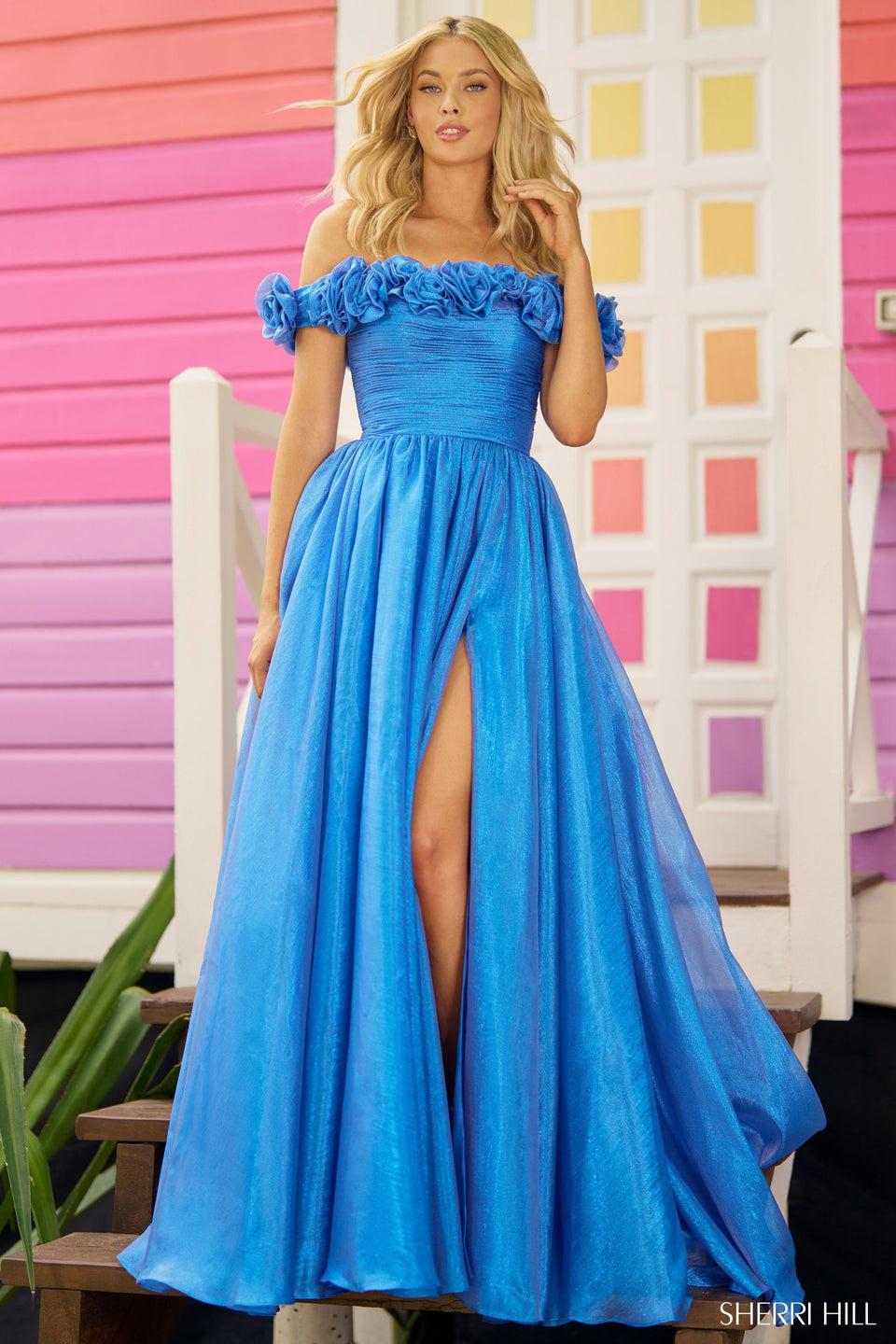 Sherri Hill Sparkle Tulle Off The Shoulder A-line Gown With Rosette Embellished Top And Skirt Slit