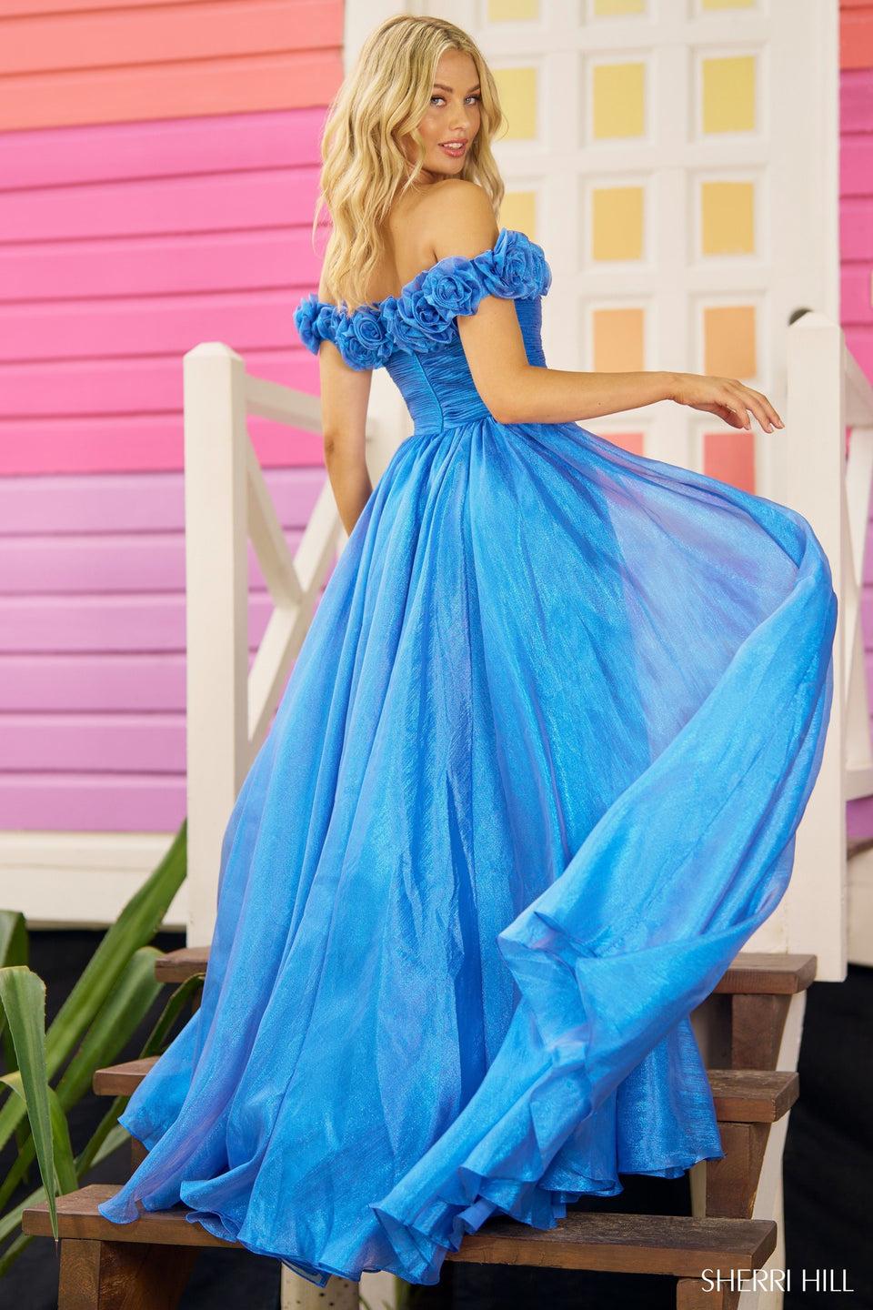 Sherri Hill Sparkle Tulle Off The Shoulder A-line Gown With Rosette Embellished Top And Skirt Slit